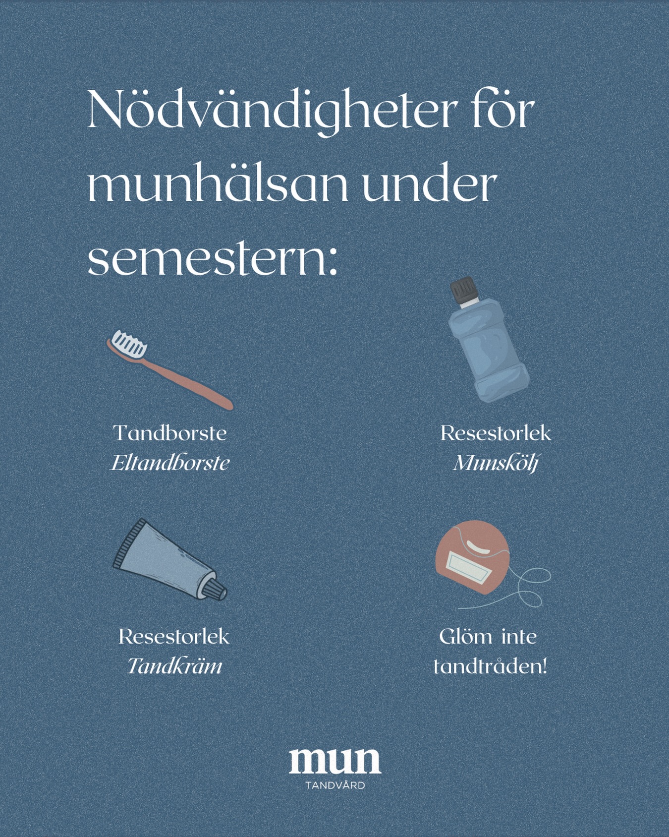 Nödvändigheter för munhälsan under semestern, små vanor gör stor skillnad ☀️🦷
#tandläkare #tandvård #dentist #munhälsa #tandläkarestockholm