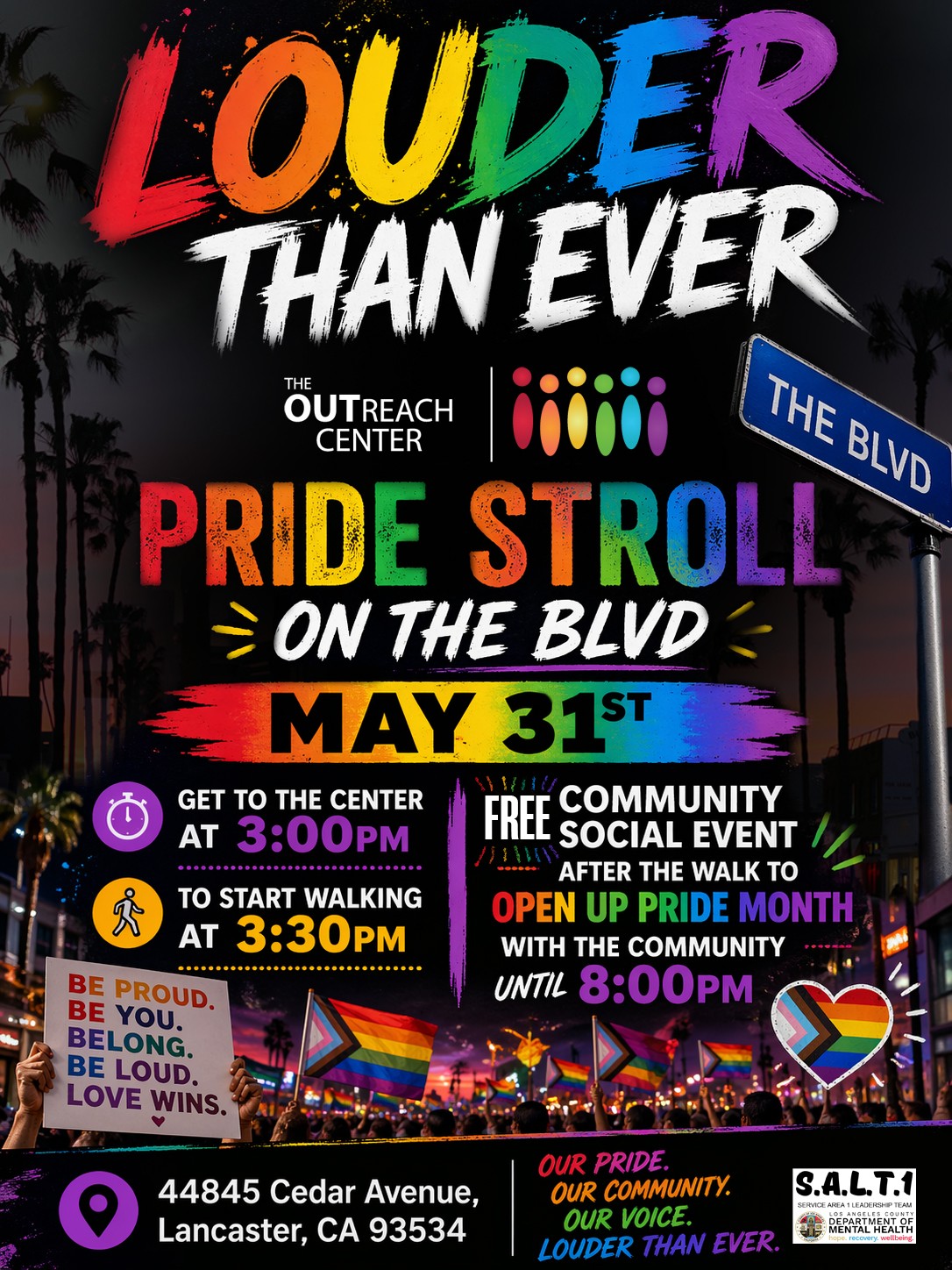 Join us as we kick off Pride season with the LOUDER THAN EVER PRIDE STROLL! ๐โจ
๐ Meet at The OUTreach Center
๐
May 31
โฐ Meet at 3:00 PM | Walk begins at 3:30 PM
Following the Pride Stroll, stay for a FREE Community Social Event hosted by The OUTreach Center through 8:00 PM!
This event is generously supported by the LA County Department of Mental Health Service Area Leadership Team (S.A.L.T.1)!
#PRIDESTROLL #LOUDERTHANEVER
#PRIDEMONTH #SALT1 #COMMUNITYSOCIALEVENT