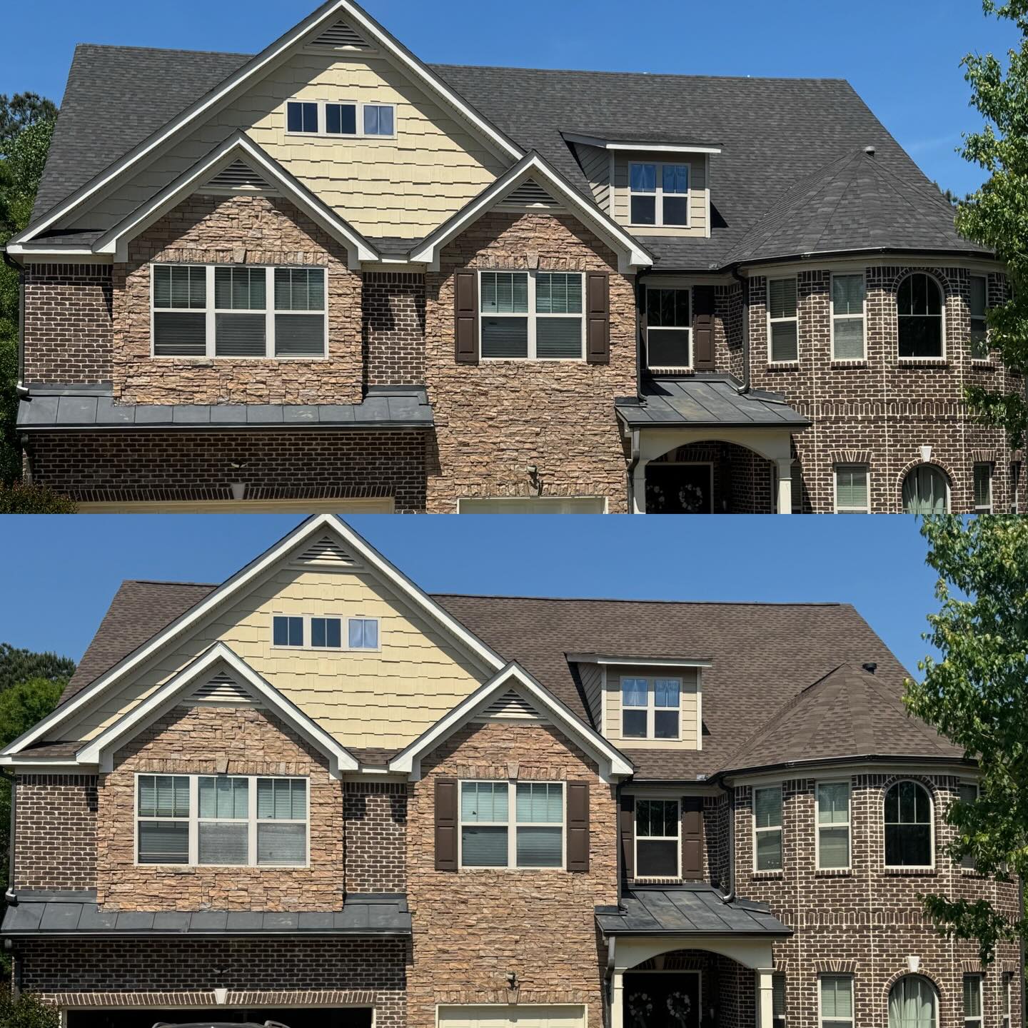 Before and after photos of a New GAF Timberline Barkwood HDZ Shingle Installment… #gafroofing