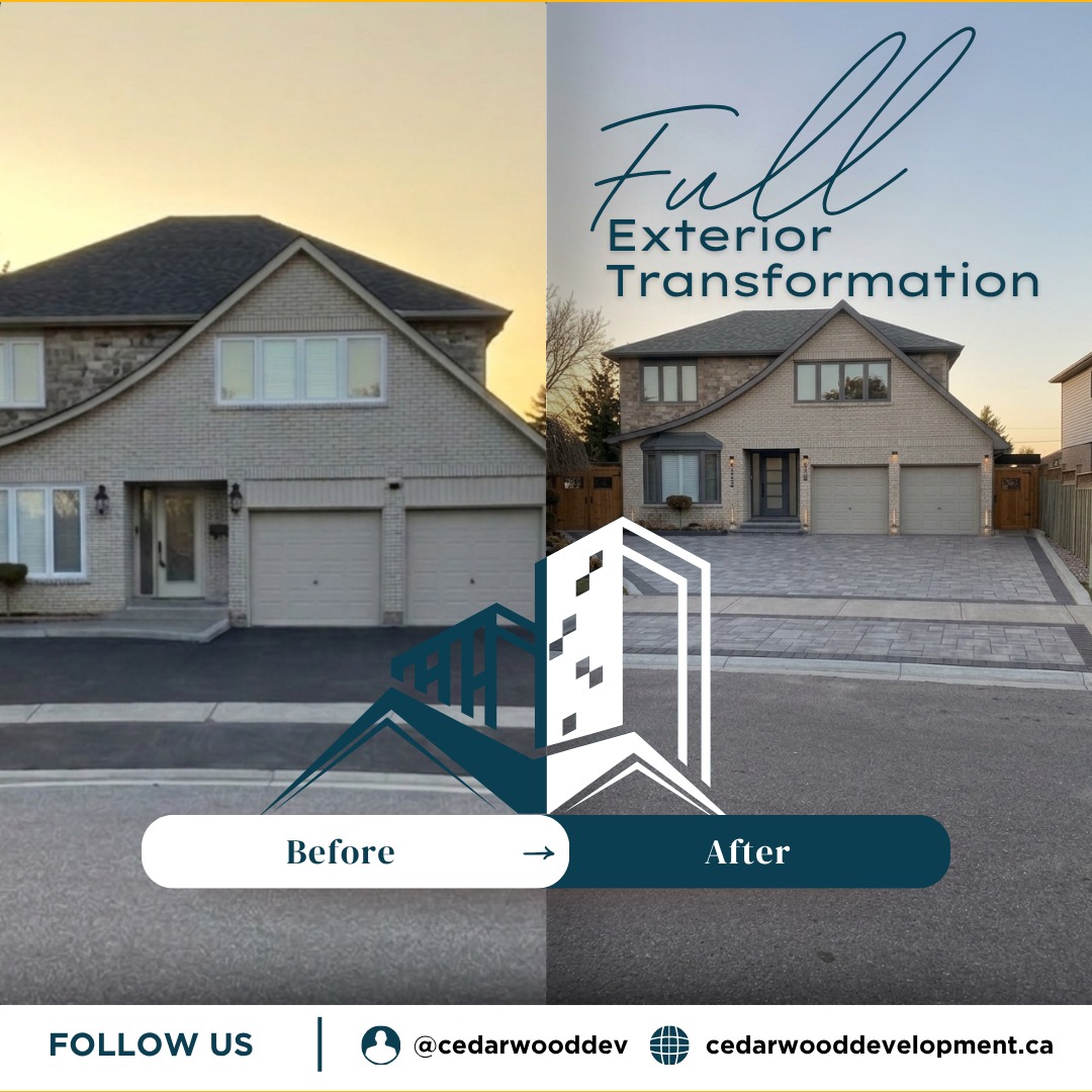 Same house. Completely different home. 🏡
We transformed this Milton property from the ground up — new interlocking driveway with contrast border, upgraded garage doors, refreshed front entrance, exterior lighting, and full front landscaping. One project. Total curb appeal overhaul.
This is what Cedarwood Development Group does. We don't just renovate — we elevate.
Thinking about upgrading your home's exterior? We offer free estimates and flexible monthly payment plans so you can start sooner than you think.
We serve homeowners across Milton, Toronto, Markham, Vaughan, Mississauga, Brampton, Richmond Hill, Scarborough, Whitby, Oakville, Pickering and Ajax.
❓ How much does a full exterior renovation cost in the GTA?
Every project is different, but most full exterior transformations — including interlocking, landscaping, lighting and entrance upgrades — start around $32,000. Contact us for a free estimate tailored to your home.
What would you transform first the driveway, the entrance, or the landscaping? 👇
📞 (437) 477-7366
📧 info@cedarwooddevelopment.ca
🌐 cedarwooddevelopment.ca
#MiltonContractor #ExteriorTransformation #CurbAppeal #BeforeAndAfter #InterlockingDriveway #MiltonOntario #HardscapingGTA #FrontYardMakeover #ExteriorRenovation #HomeTransformation #LandscapingGTA #GTAContractor #TorontoContractor #LicensedAndInsured #CedarwoodDevelopment #VaughanContractor #MississaugaContractor #OakvilleContractor #BramptonContractor #HomeRenovationGTA