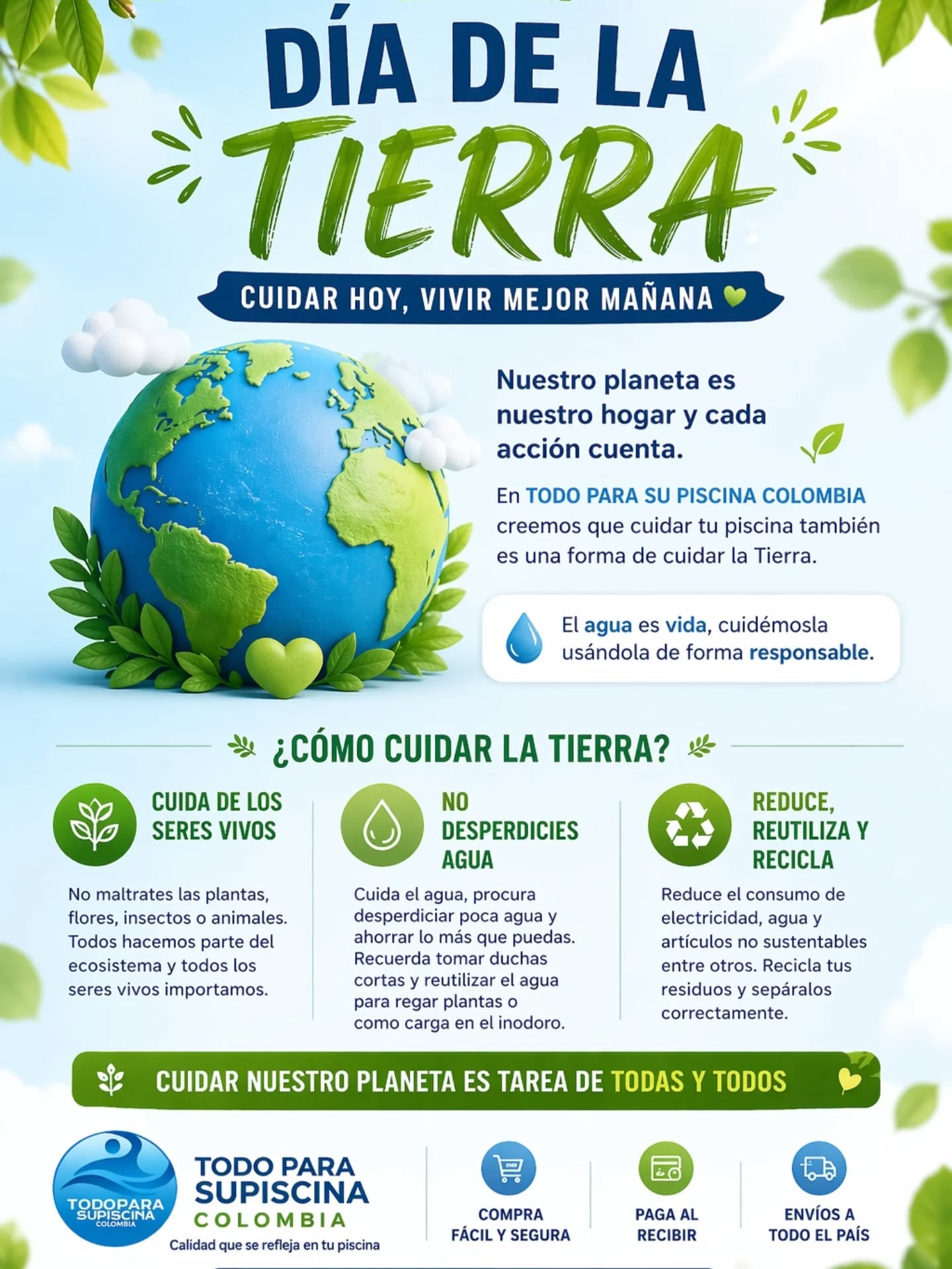 🌎💚 Hoy celebramos el Día de la Tierra 💚🌎
Nuestro planeta es nuestro hogar…
y cada gota de agua cuenta 💧
En Todo Para Su Piscina Colombia, Equipos Para Piscina creemos que cuidar tu piscina también es una forma de cuidar el planeta 🌱
✨ Un buen mantenimiento no solo mantiene el agua cristalina, también ayuda a evitar desperdicios y usar mejor los recursos.
Hoy es un buen día para recordar:
lo que hacemos en casa impacta el mundo 🌍
📲 Compra fácil y segura
💳 Paga al recibir
🚚 Envíos a todo el país
📞 319 508 9763
👉 https://wa.me/573195089763�
💧 Cuidemos el agua, cuidemos la Tierra