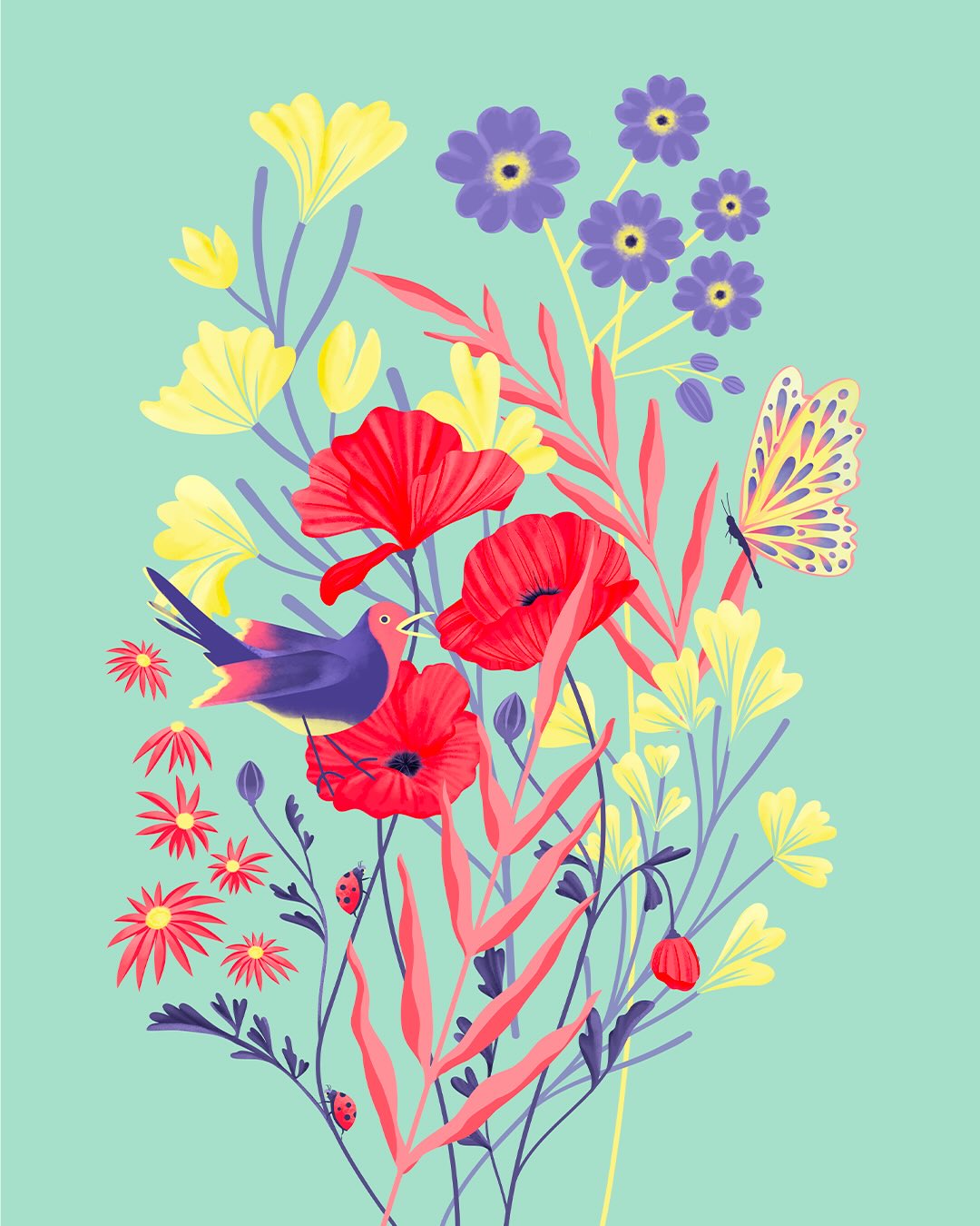 Bienvenue au soleil, bienvenue à la belle saison ! 🌞
Cette illustration est une célébration des petites fleurs de printemps, une hirondelle qui chante, des coquelicots et de la vie qui revient. Première d’une nouvelle collection. À très vite ! 🦋✨
