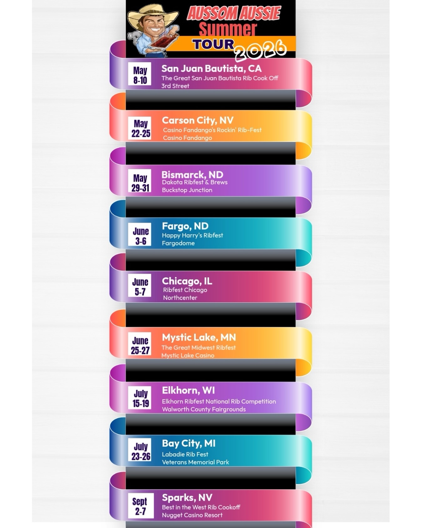 20 days!
Twenty days until the smokers fire up, the grills get hot, and the road calls our name again.
The Aussom Aussie Summer Tour 2026 is almost here—new cities, familiar faces, and a whole lot of ribs done right… tender with that perfect bite.
We’re kicking it off in San Juan Bautista, and from there it’s full throttle all summer long. If you’ve been waiting… now’s the time.
Who’s catching us on tour? Cheers mate!
#AussomMoments #TeamAussom #AussomEats #BBQlife