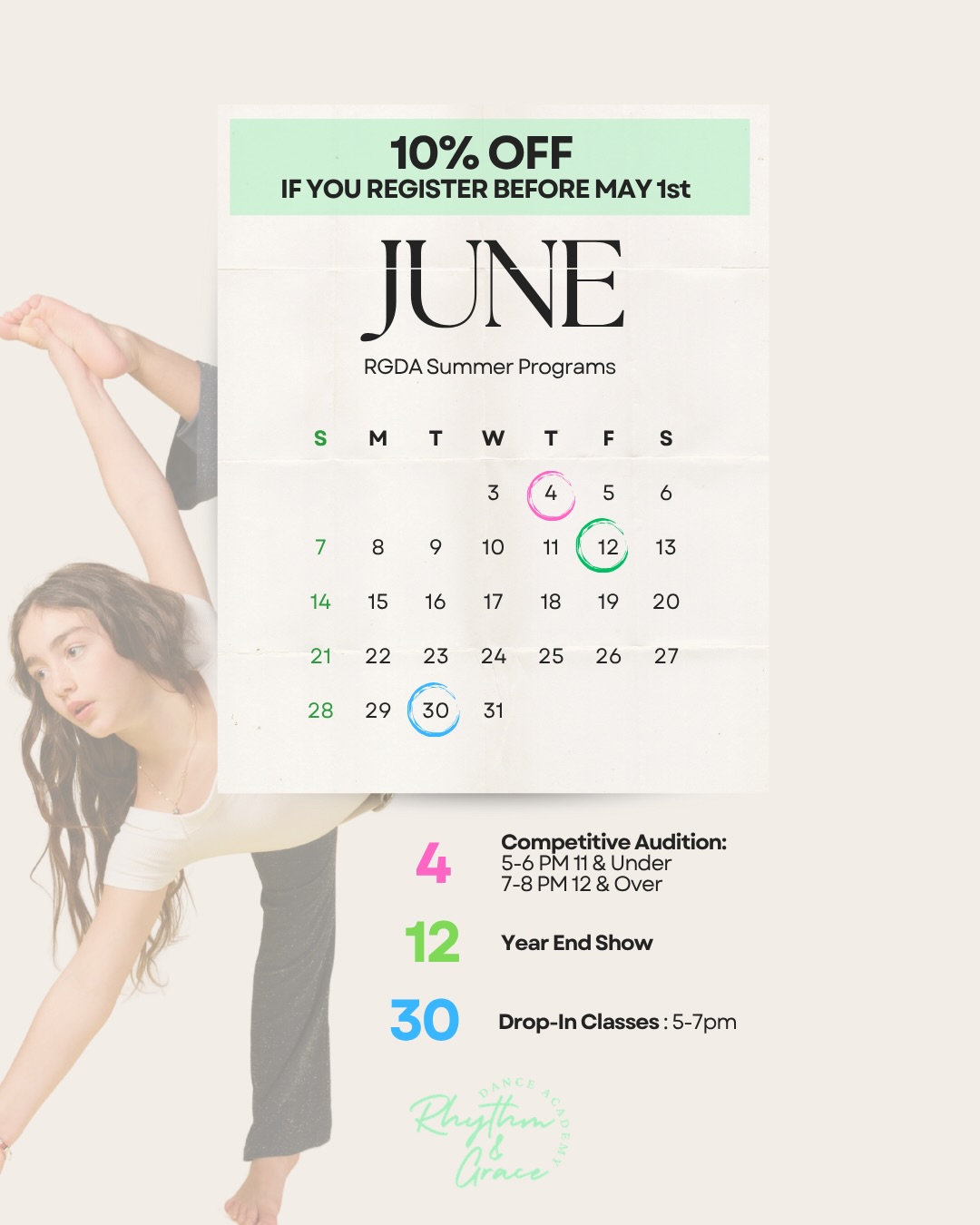 ⏰ Only ONE more week to save!
Our Early Bird Summer Registration ends May 1st — don’t miss your chance to get **10% off** all summer programs 💚
Spots are filling fast, open to all dancers, so now’s the time to secure your place for the summer!
✨ Register today & save
📅 Deadline: May 1
🔗 Link in Bio
#SummerDance #vaughandance #KidsActivities #DanceStudio #SummerPrograms EarlyBirdSpecial