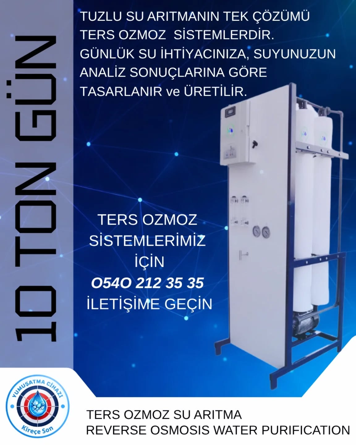 Evsel ve endüstriyel ters ozmoz sistemleri.
Deniz suyu, kuyu suyu ve yüksek iletkenliğe sahip suların arıtılmasında etkin çözümler.
Gıda, konut, ilaç, tekstil ve sanayi sektörlerine özel projelendirme.
İhtiyaç duyulan kapasite ve su kalitesine uygun çözümler için bizimle iletişime geçiniz.
🌍www.yumusatmacihazi.com
📞0540 212 35 35