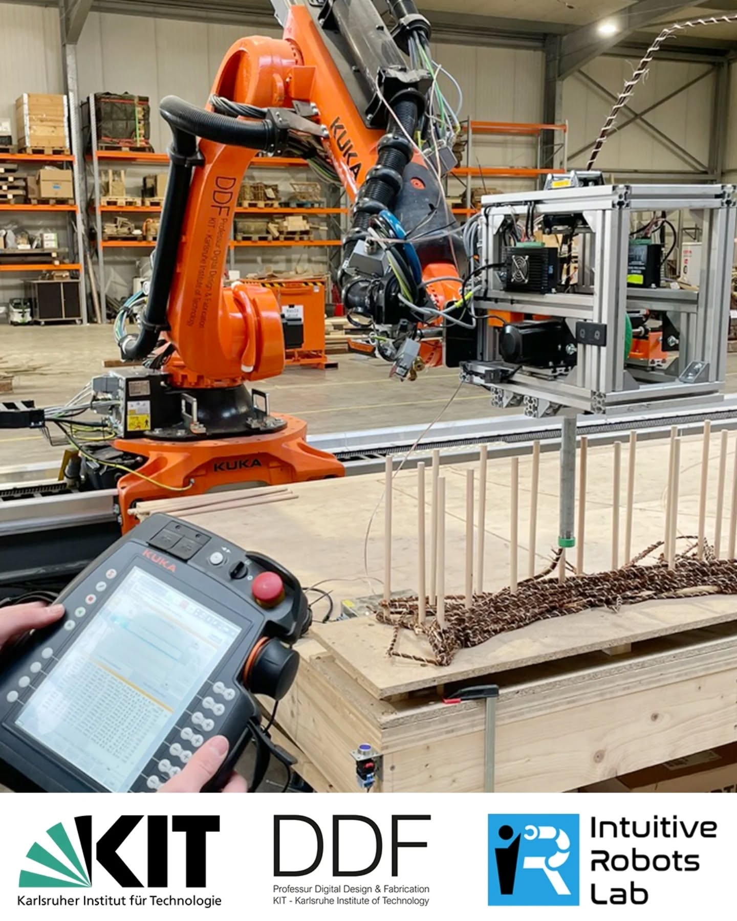 What if you could just tell a construction robot what to do?
No code. No endless retraining. Just a conversation.
Our new project at @ddf.kit and Intuitive Robots Lab is exploring how Vision Language Models (VLMs) can turn robots into collaborative partners on the construction site. We’re using In-Context Learning to teach robots how to use tools through simple descriptions and demonstrations.
We’re aiming to:
✅️ Lower the skill barrier for robotic fabrication.
✅️ Make construction more agile.
✅️ Bridge the gap between human intuition and machine precision.
Partners
Karlsruhe Institute of Technology (KIT) – Professorship Digital Design and Fabrication (DDF) & Intuitive Robots Lab (IRL)