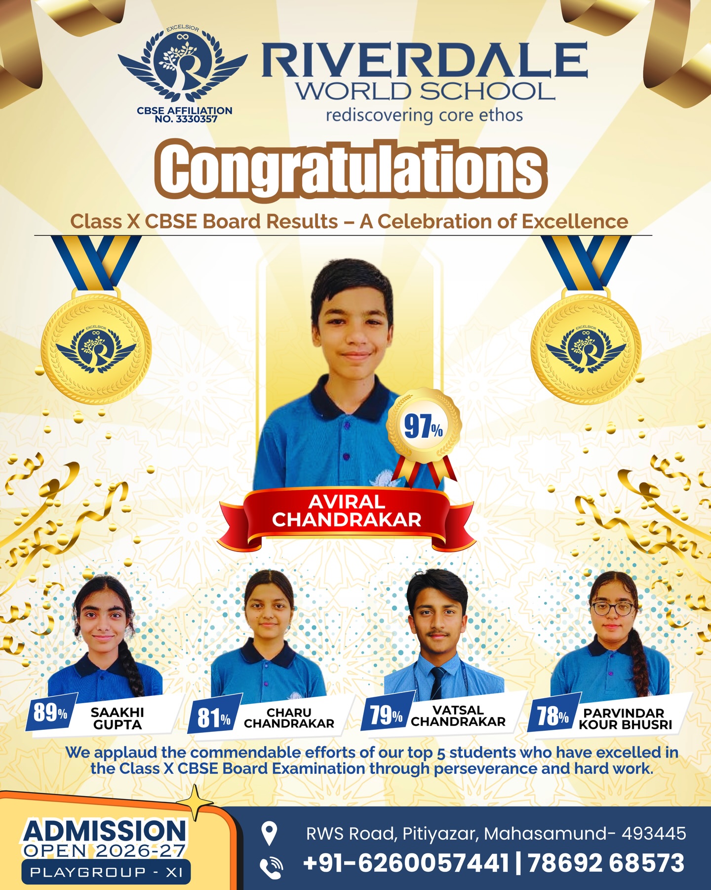 A Proud Moment for Riverdale World School! 🎉
Our Class X CBSE students have showcased outstanding performance and made us immensely proud with their remarkable results. 🌟
Heartiest congratulations to all our achievers for their dedication, perseverance, and success. Your hard work has truly paid off! 👏📚
Wishing you all a bright and successful future ahead. ✨
#RiverdaleWorldSchool #ProudMoment #CBSEClass10 #BoardResults #StudentSuccess AcademicExcellence FutureLeaders HardWorkPaysOff Congratulations SchoolPride CBSEResults SuccessCelebration