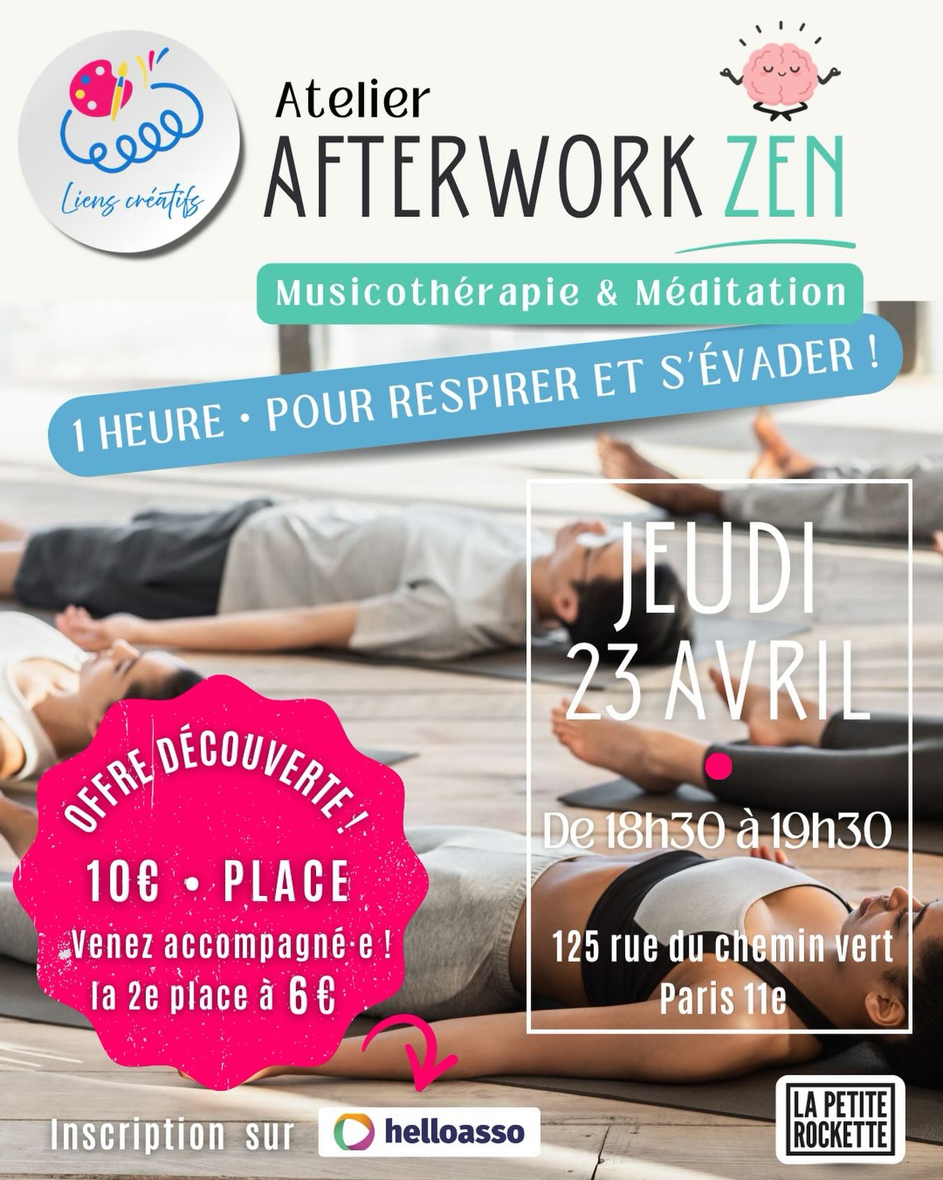 Et si vous terminiez votre journée autrement ? 🌿🧘♀️🎵 Jeudi 23 avril | 18h30 – 19h30
L’Afterwork Zen – Musicothérapie & Méditation vous ouvre ses portes
Un moment pour ralentir, respirer et vous recentrer profondément.
Au programme :
💫 relâcher les tensions accumulées
💫 calmer le mental
💫 retrouver un vrai espace de calme intérieur
🎵 Respiration guidée, méditation & voyage sonore immersif
📍 Paris 11ᵉ – métro Père-Lachaise
🎫 Profitez de l’offre Découverte :
1 place à 10 € (en ligne via HelloAsso)
+ accompagnant 6 € sur place (espèces)
📩 Réservation via le lien en bio (HelloAsso)
🌸 Un temps pour soi, pour se déposer, et simplement être
Animé en duo : @camille.gaillardon et @jessicaarcher.arttherapie
#AfterworkZen #Musicothérapie #Méditation #BienÊtre #Relaxation ArtThérapie TempsPourSoi EspaceLaRockette ReconnexionASoi AteliersCréatifs HelloAsso