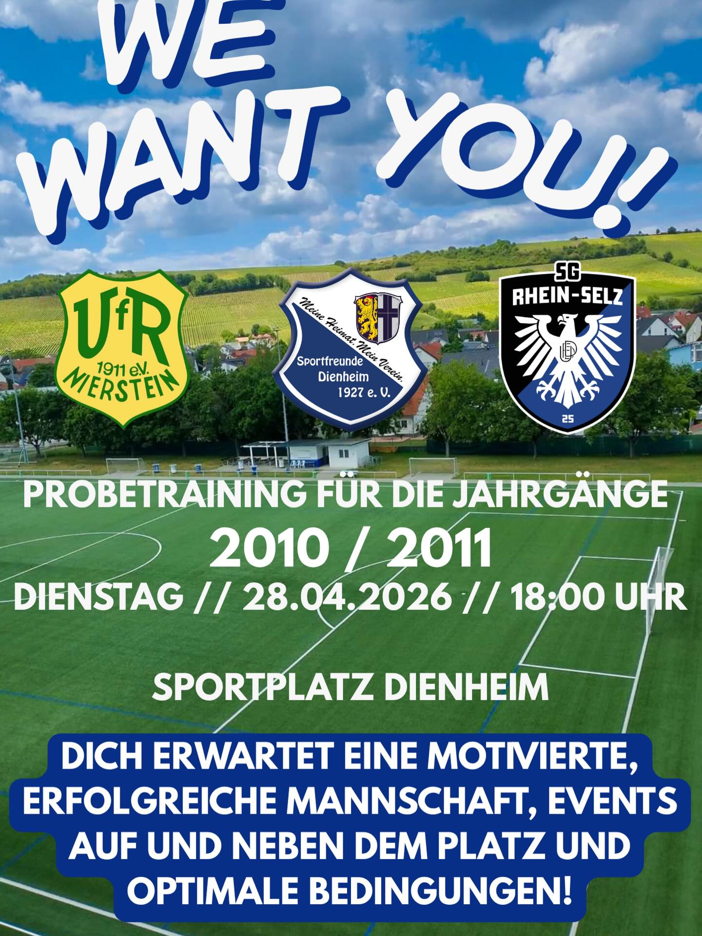 Bock auf eine unglaubliche Mannschaft, beste Bedingungen und gemeinsame Erfolge? Dann komm am 28.04.2026 zum Probetraining auf den Sportplatz 💙🤍
Wir freuen uns auf dich!
