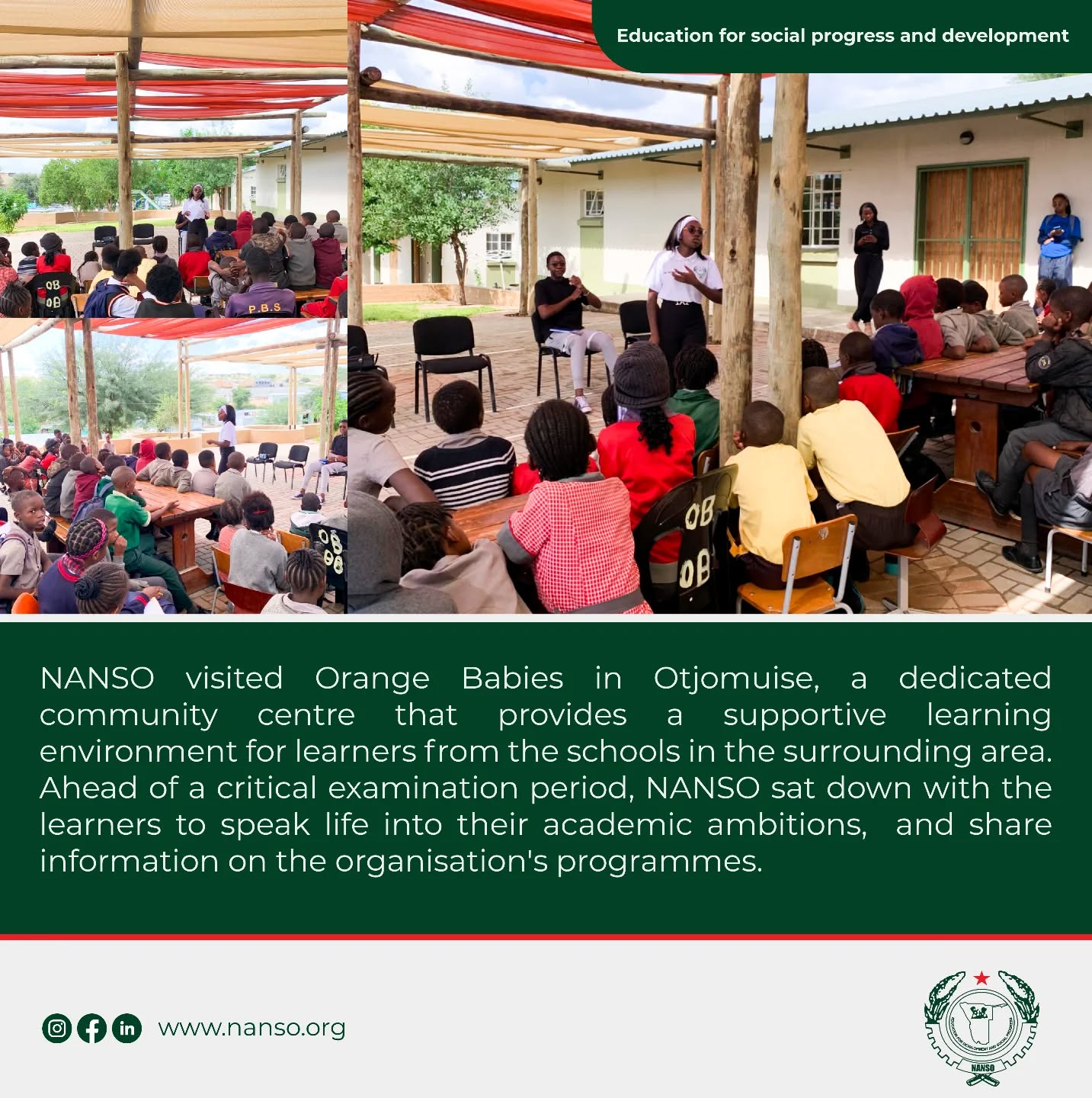 NANSO visited Orange Babies Community Centre in Otjomuise, engaging learners ahead of the examination period with words of encouragement and information on NANSO's programmes.✊🏾💚