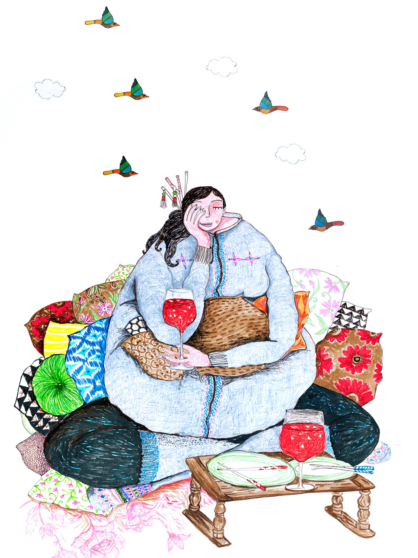 “Red Red wine”
A moment I chose to hold onto.
I remember being so fragile that day, and the quiet way my husband held space for me the way he always does, with so much care. This piece is my way of freezing that feeling… of being comforted without words.
Wrapped in softness, surrounded by cushions, sipping on a little treat he brought for me I was slowly learning to let go of my anxiety and insecurities.
And for a moment, I felt at ease…
comfortable in my own skin. ❤️
•
•
#drawing #redredwine #love