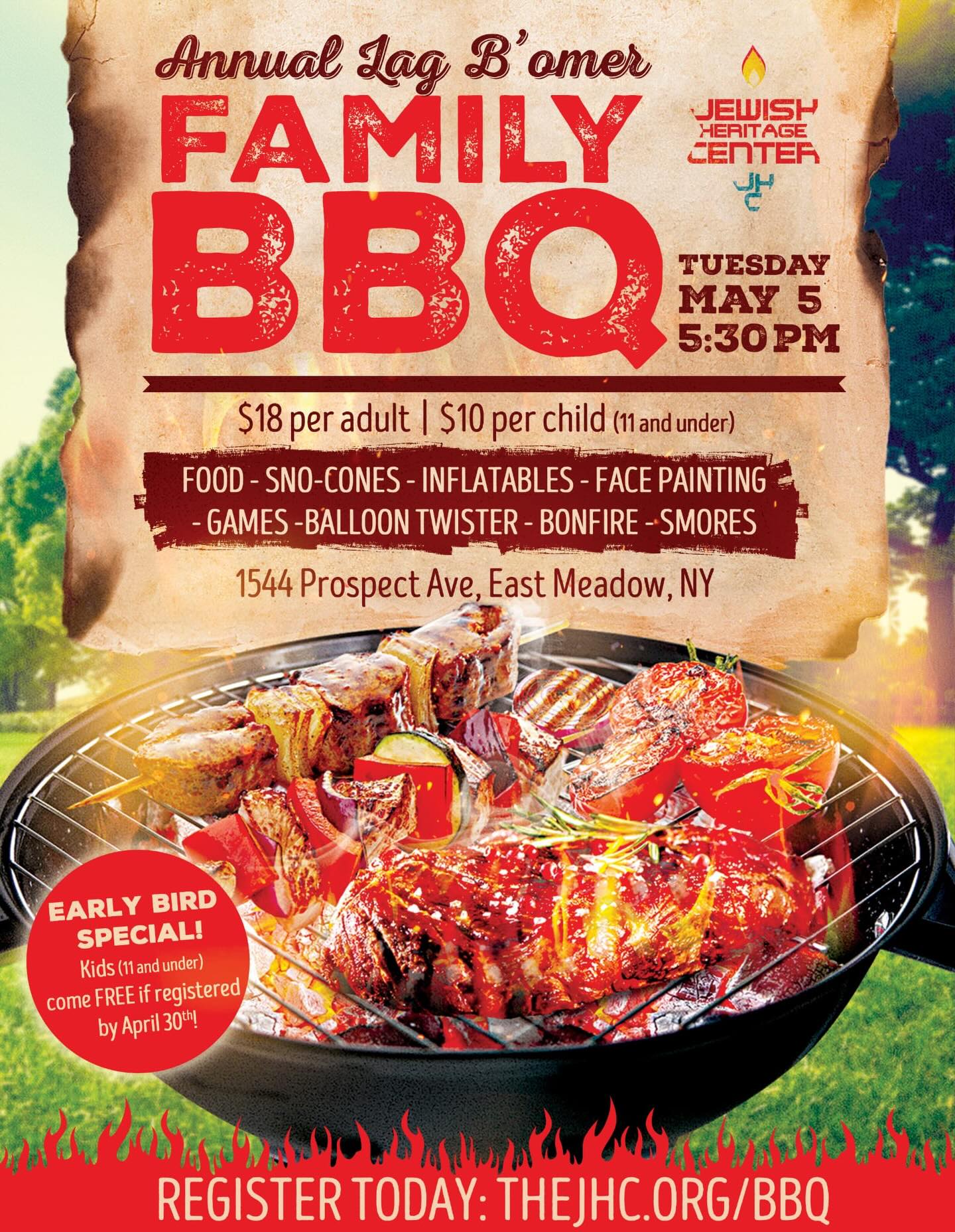 Get ready for an exciting Lag BaOmer Family BBQ! 🔥
Delicious BBQ, games, inflatables, and a cozy bonfire await.
Don’t miss the early bird special and register by April 30!
Sign up here: thejhc.org/bbq
#eastmeadow #jewishcommunity #jewishlongisland #jewishlife #bbq