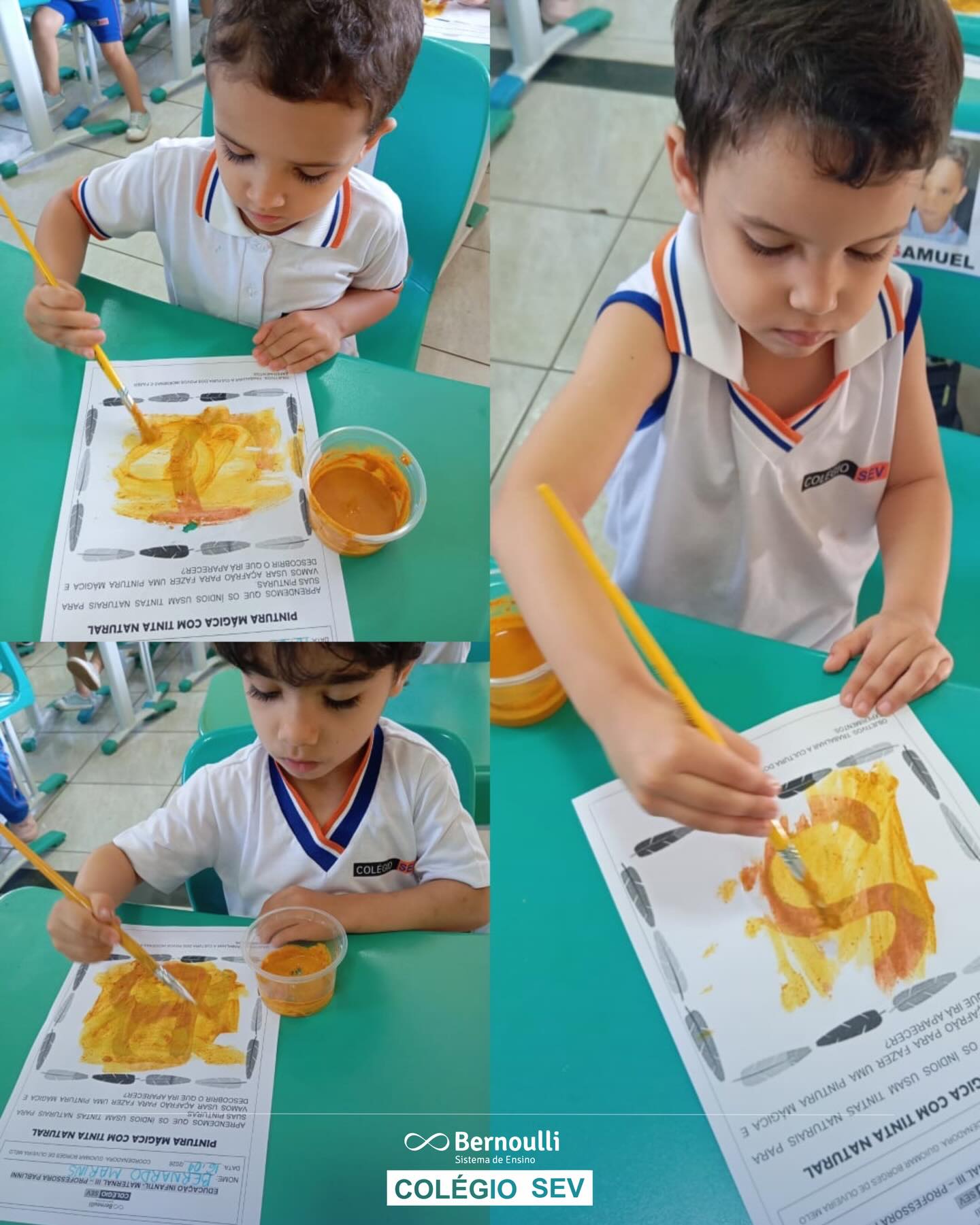 No Maternal III tivemos uma atividade muito especial! As crianças aprenderam um pouco sobre a cultura dos povos indígenas, valorizando seus costumes, saberes e a importância dessa rica herança para a nossa história.
Para tornar o aprendizado ainda mais divertido, realizamos uma pintura mágica com açafrão, e a surpresa foi incrível: ao pintar, apareceu a letra inicial do nome de cada criança!
Foi um momento de descobertas, criatividade e encantamento!