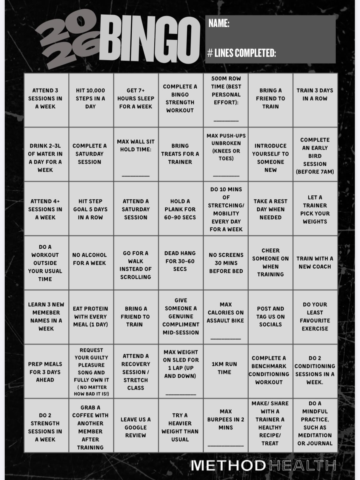 🎉 METHOD HEALTH BINGO IS HERE 🎉
Ready to move more, have fun, and win BIG? 👀
Here’s how it works 👇
1️⃣ Grab your Bingo card from reception starting Monday 27th April
2️⃣ Complete the squares — workouts, challenges & a few fun ones mixed in
3️⃣ Get a coach to sign off each square so it counts ✅
Now the important part…
✨ 1 row = 1 entry into the draw
✨ More rows = more chances to win
✨ Full card = MAX entries (and serious bragging rights 😏)
🗓️ Return your card by Monday 18th May
🏆 PRIZES
We’re not playing around… think:
– LSKD outfit (full fit 👀)
– Reformer Pilates sessions
– True Protein pack (electrolytes, t-shirt, shaker + more)
– FitAid recovery drinks + jersey
– Alchemy Sauna experience
– Melt Sauna & Ice Bath for 2
– Dinner Twist vouchers
– + more to come
⚠️ Don’t forget:
– Each square = once only
– No signature = no entry
🔥 Pro tip: don’t stop at one line… stack them up
Let the games begin 💥.
#claremont #claremontgym #bingo #bingochallenge #methodhealth