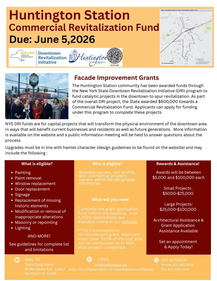 Revitalize your storefront and invest in Huntington Station’s future ✨
Facade Improvement Grants now available — apply by June 5, 2026!