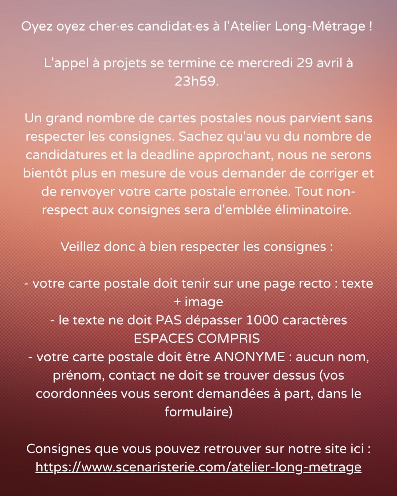 📣 CHER·ES CANDIDAT·ES À L’ALM 📣 Vérifiez bien les consignes avant d’envoyer ☺️🙏
https://www.scenaristerie.com/atelier-long-metrage