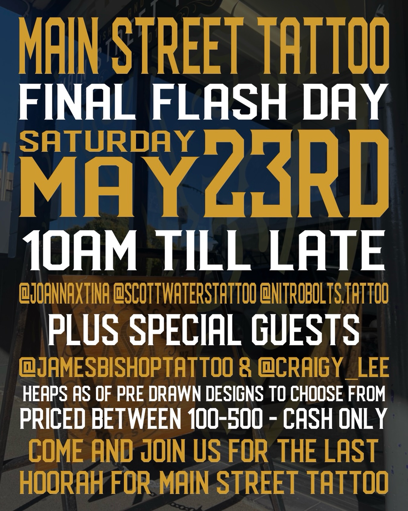 ⚡️⚡️SAVE THE DATE⚡️⚡️
We’re having one last Flash Day before its doors closed for good!
Super excited to have @jamesbishoptattoo and @craigy_lee join us again for the day.
⚡️Saturday the 23rd of May, 10am - Late
⚡️First in first served, cash only and R18
This will be your last chance to get tattooed at the shop, so don’t sleep in!
See y’all there 🫡