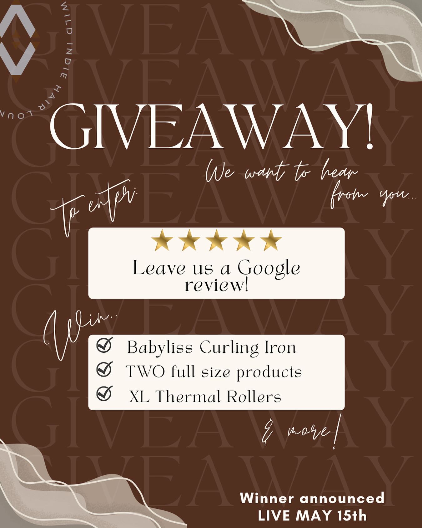 IT’S GIVEAWAY TIME! 🛍️✨
We love hearing about your experience with us and your feedback means the world to our team. So we’re doing a little giveaway to say thank you 🤍
Leave us a Google review ⭐️ and you’ll be entered to win the ultimate blowout kit:
• Babyliss 1.5” Curling Iron
• Two full-size R+Co products + one mini
• Hair rollers + crease clips
• R+Co travel bag
Everything you need for the perfect at-home blowout💁🏼♀️
The winner will be announced LIVE on May 15th 🎥 so make sure you’re tuned in!
We can’t wait to hear about YOUR Wild Indie experience 🖤 #wildindiehair #giveaway #googlereview