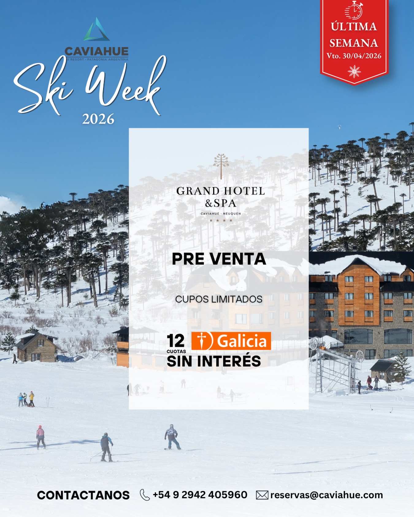 ⚠️ ÚLTIMA SEMANA DE VALORES PREVENTA 1
En Mayo…los valores cambian.
❄️ Ski Week 2026
🏔️ Grand Hotel & Spa Caviahue
✨ El ski in & ski out más exclusivo de la Patagonia
💳 Hasta 12 cuotas sin interés con Galicia
🔥 Mejores tarifas del año (por pocos días más)
⚠️ Cupos reales, cada día quedan menos
📲 Reservá hoy
🌐 https://www.grandhotelcaviahue.com
📞 +54 9 2942 405960
✉️ reservas@caviahue.com
#GrandHotelCaviahue
#SkiWeek2026
#CaviahueSkiResort
#Preventa