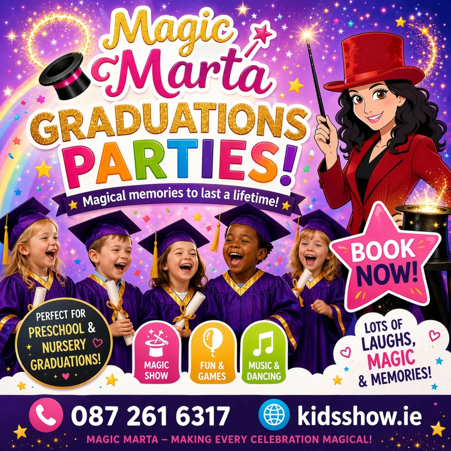 Preschool graduation season is here
Book Magic Marta for a magical, fun filled celebration your little stars will never forget 💫
Taking bookings now
Kids show.ie
0872616317
#magiciandublin
#kidsmagician
#kidspartyentertainment
#preschoolgraduation