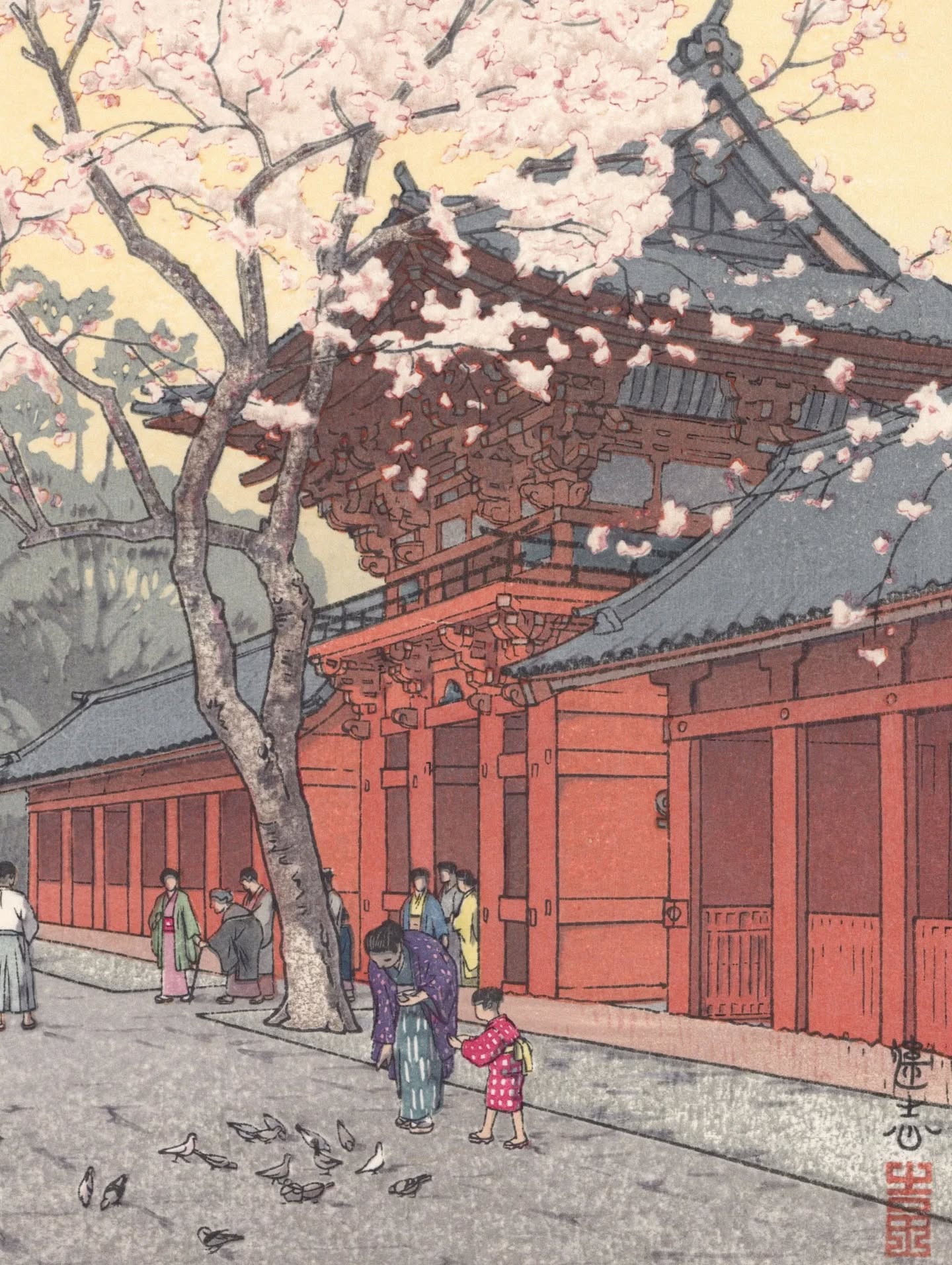 This stunning print by Toshi Yoshida depicts Hie Shrine, located in Nagatachō, Chiyoda. The scene takes place in a calm Spring day, with bright yellow skies and cherry blossoms in full bloom. On the foreground, you can see a woman and a child feeding pigeons on the street, wearing traditional Japanese clothing.
Published in 1940 by the artist, this piece is signed in pencil, printed in the Yoshida family workshop.
吉田遠志
昼の東京 日枝神社
昭和15年
中判
良好、鉛筆サイン
Toshi Yoshida
Hiejinja -Hie shrine
1940
Chuban
Good condition, pencil signature
#japaneseprint #toshiyoshida #cherryblossom