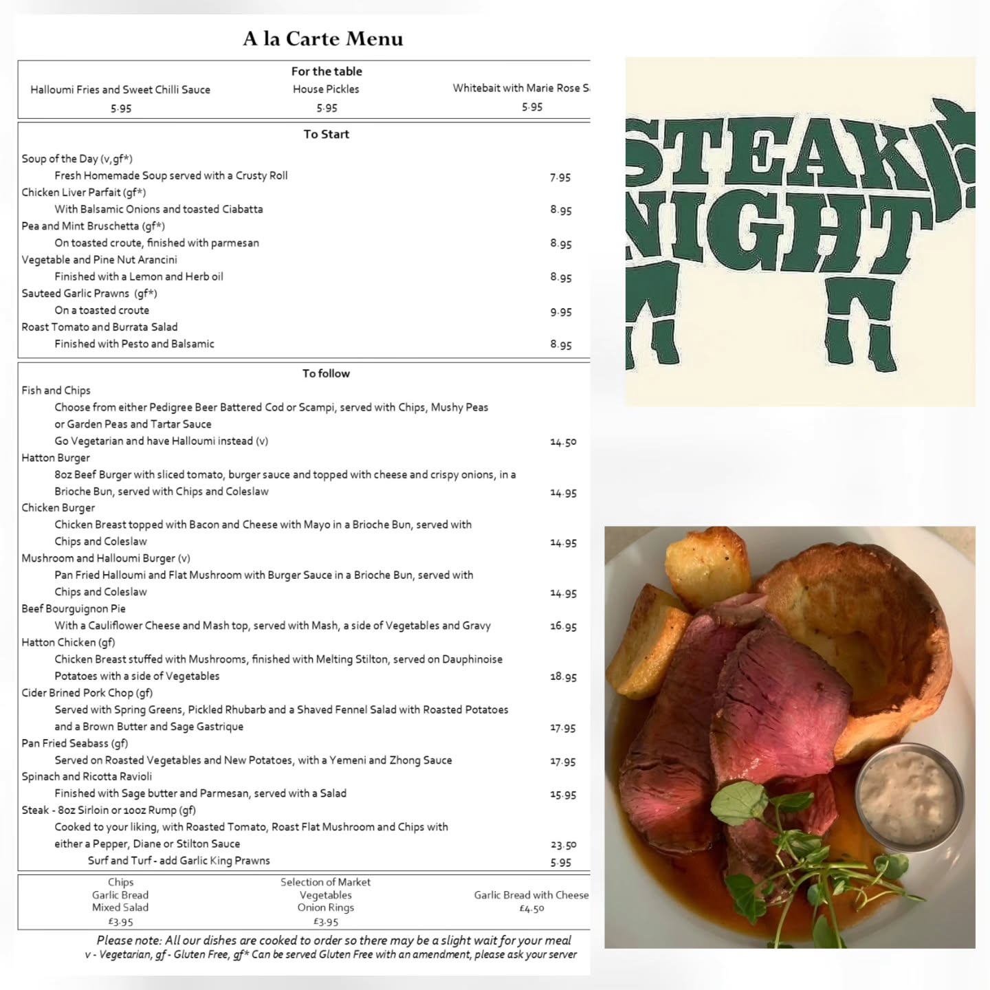 This week at the Hatton
Thursday night is Steak Night, enjoy two Steaks for £25
Choose either a 8oz Sirloin or a 10oz Rump with Roasted Tomato, Mushroom, and Chips, and add a sauce for just £1
We've got tables free on Friday and Saturday nights, come try our new dishes!
Sunday lunch too, with three roasts including Sirloin of Beef, starters, and desserts
Call 01536 770268 to book!