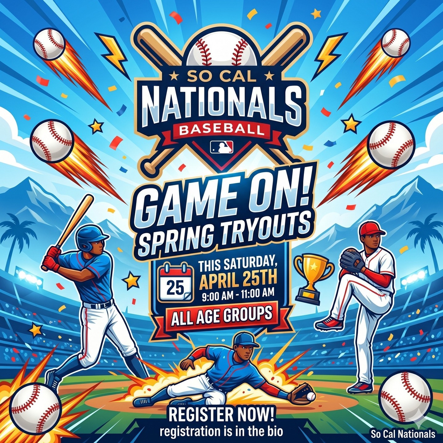 🚨 GAME ON! SPRING TRYOUTS ARE HERE! 🚨
Are you ready to take your game to the next level? 📈 The So Cal Nationals are looking for the next generation of ballplayers!
Join us on the dirt this Saturday for our Spring Tryouts. We are looking for talented, hardworking players across ALL age groups.
Bring your glove, bring your hustle, and show us what you’ve got! ⚾️💥
🗓 THIS SATURDAY, April 25th
⏰ 9:00 AM - 11:00 AM
👉 DON'T WAIT: Secure your spot right now. Click the link in our bio to register!
Let’s go! 🦅🏆
#SoCalNationals #BaseballTryouts #SoCalBaseball #TravelBall #YouthBaseball #GameOn #BaseballLife #PlayBall #PasadenaBaseball #SGVBaseball