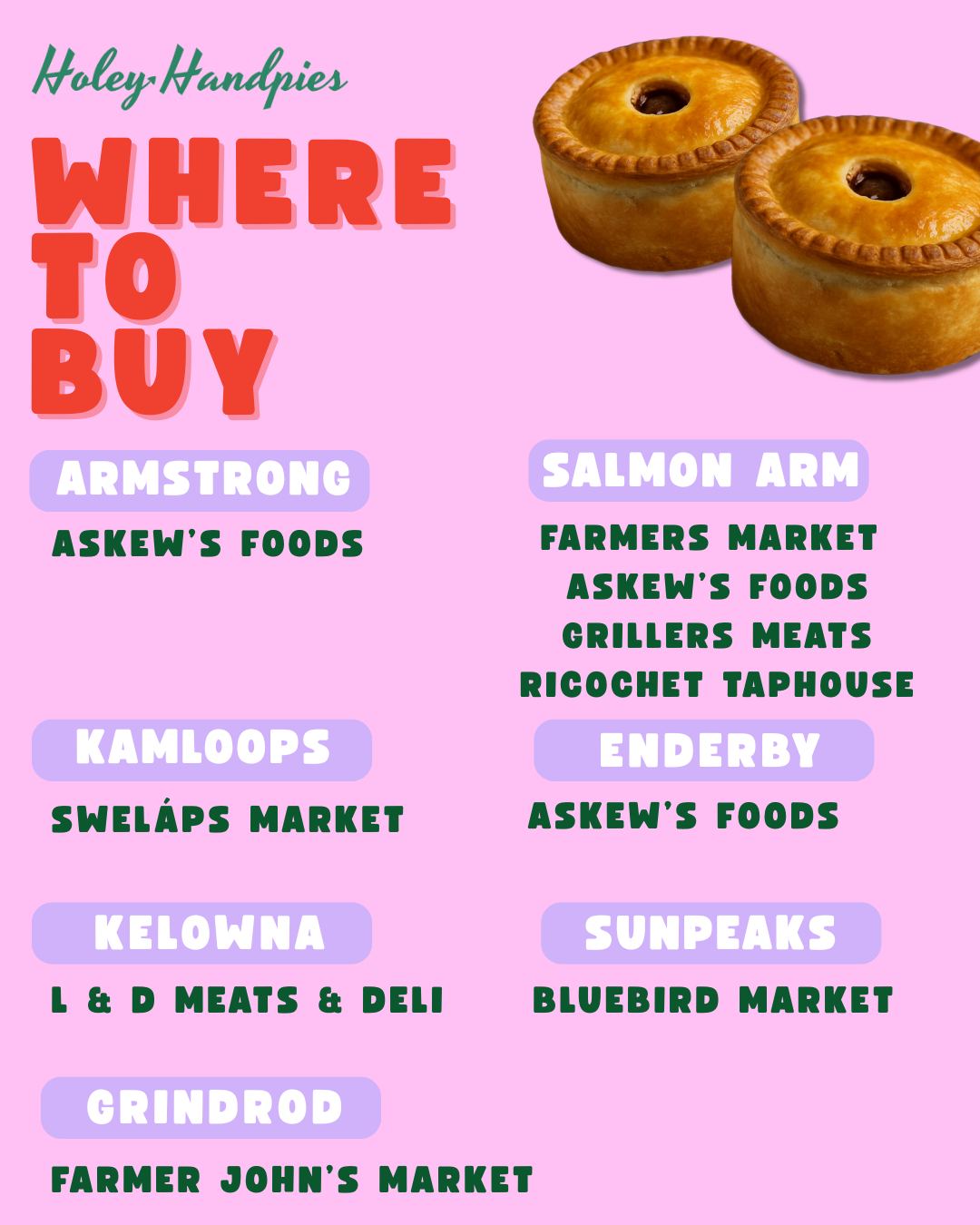 Wondering where to find our pies? 🥧
Check the photo to see all the spots currently carrying Holey Handpies.
Support local and grab a pie from one of these stores!