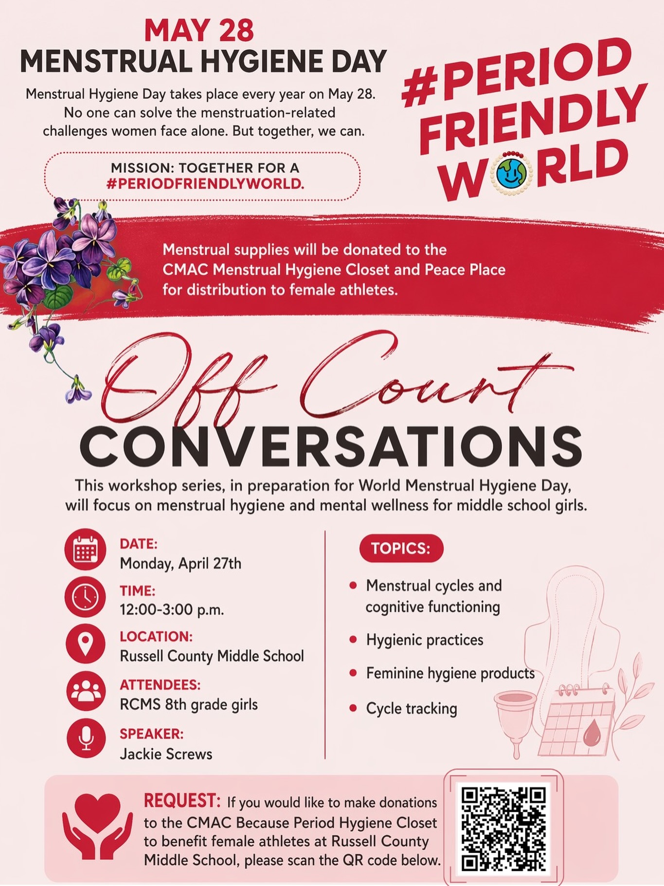 Off Court Conversations 🏀✨
Columbus Metropolitan Alumnae Chapter in Partnership with Russell County Middle School is creating space for real, empowering conversations that go beyond the game. In preparation for World Menstrual Hygiene Day, this impactful workshop series is designed to equip and uplift the next generation of young women.
This session will support 8th grade girls at Russell County Middle School through open dialogue and education around:
• Menstrual cycles and cognitive functioning
• Hygienic practices
• Feminine hygiene products
• Cycle tracking and awareness
🗓 Monday, April 27th
⏰ 12:00–3:00 PM
📍 Russell County Middle School
🎤 Speaker: Jackie Screws
This is more than a workshop—it is about confidence, knowledge, and wellness both on and off the court 💫
♥️ Want to make an impact? Support the CMAC Because Period Hygiene Closet and help provide essential resources for female student-athletes. Scan the QR code or click the link to donate: https://www.amazon.com/hz/wishlist/ls/2P1CF0AUGXQE2?ref_=wl_share
#CMACares #OffCourtConversations #MenstrualHygieneMatters #GirlsEmpowerment #CommunityImpact