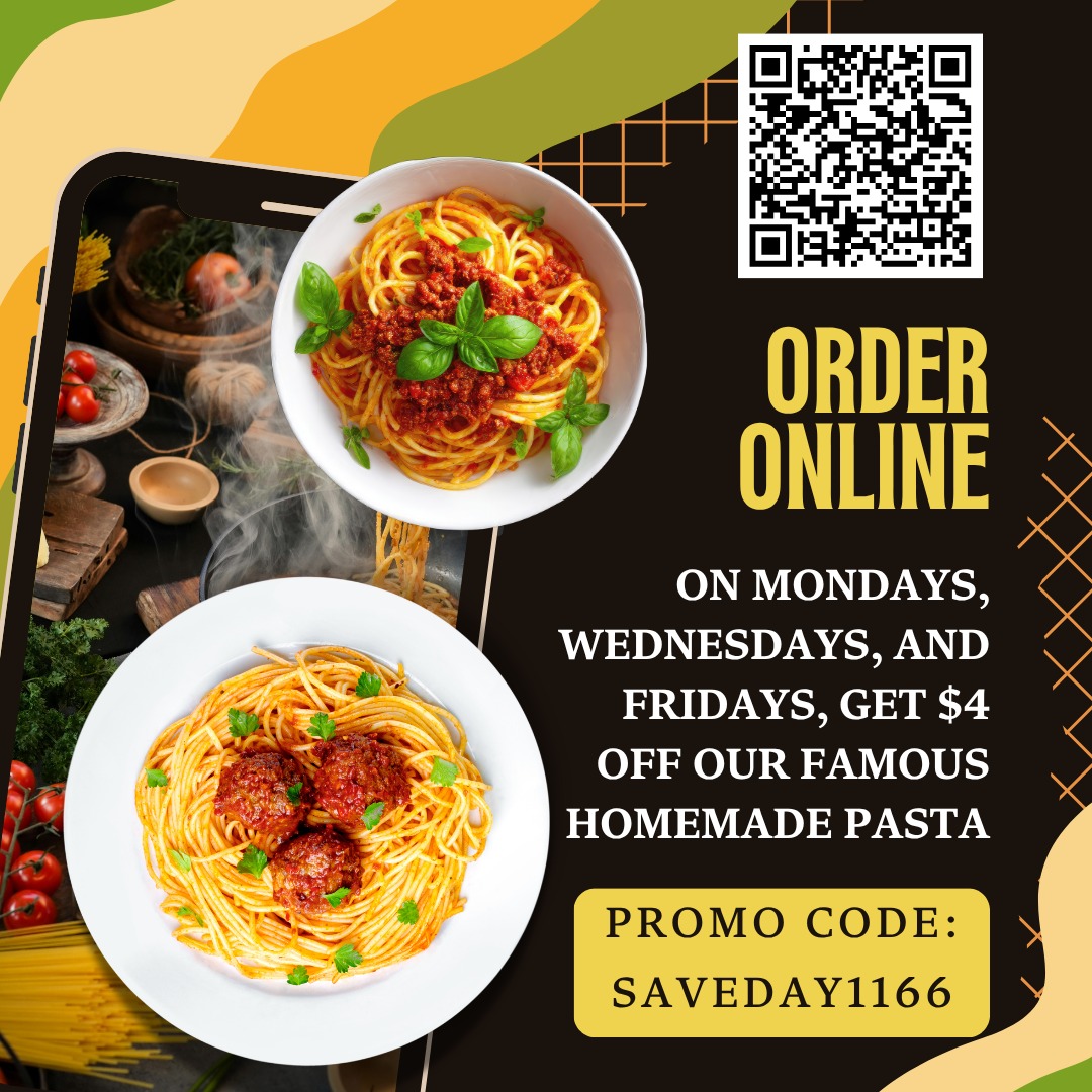 🍝 Save $4 on pasta takeout
📅 Every Monday, Wednesday & Friday
Use code: SAVEDAY1166 at checkout
