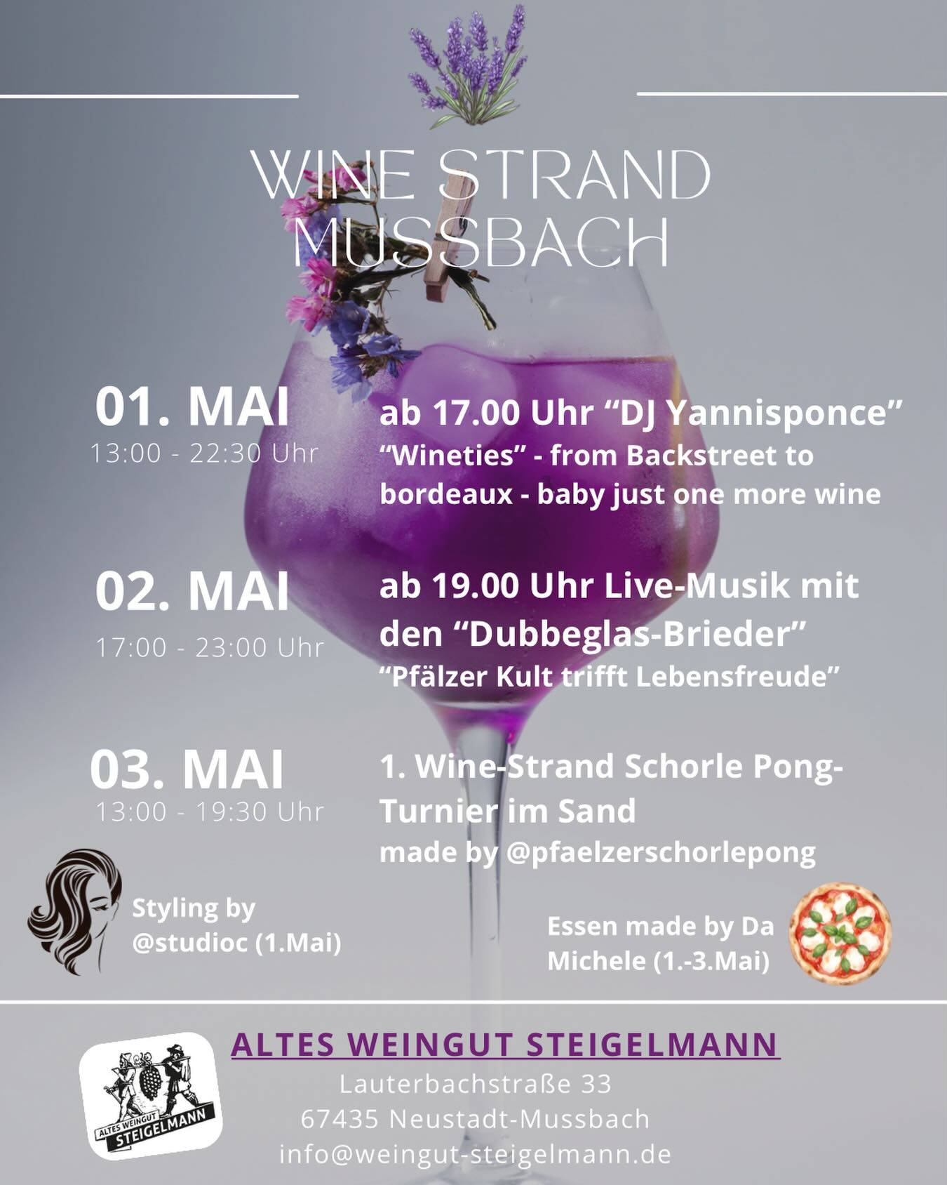 WINE STRAND MUSSBACH – DAS EVENT, DAS DU NICHT VERPASSEN DARFST!
3 Tage, Sonne im Gesicht, Sand unter den Füßen und ein Glas Wein in der Hand – klingt gut? Wird noch besser! 😎
✨ 01. Mai
Start ab 13 Uhr – ab 17 Uhr bringt euch DJ Yannisponce mit den besten „Wineties“ Sounds in Stimmung 🎶🍇
✨ 02. Mai
Ab 17 Uhr geht’s weiter – ab 19 Uhr Live-Musik mit den Dubbe Glas Briedern 🔥
Pfälzer Vibes pur!
✨ 03. Mai
Ab 13 Uhr – Schorle Pong Turnier im Sand 🏖️ Wer holt sich den Titel? @pfaelzerschorlepong
🍕 Fürs leibliche Wohl sorgt @xda_michele
💇♀️ Styling Special am 01. Mai durch @studioc
Schnapp dir deine Freunde, komm vorbei und erleb mit uns unvergessliche Tage voller Wein, Musik & guter Laune!
Wer nicht kommt, verpasst den besten Start in den Mai 😉
#winelover #pfalzliebe #weinfest #neustadtandweinstrasse #mussbach