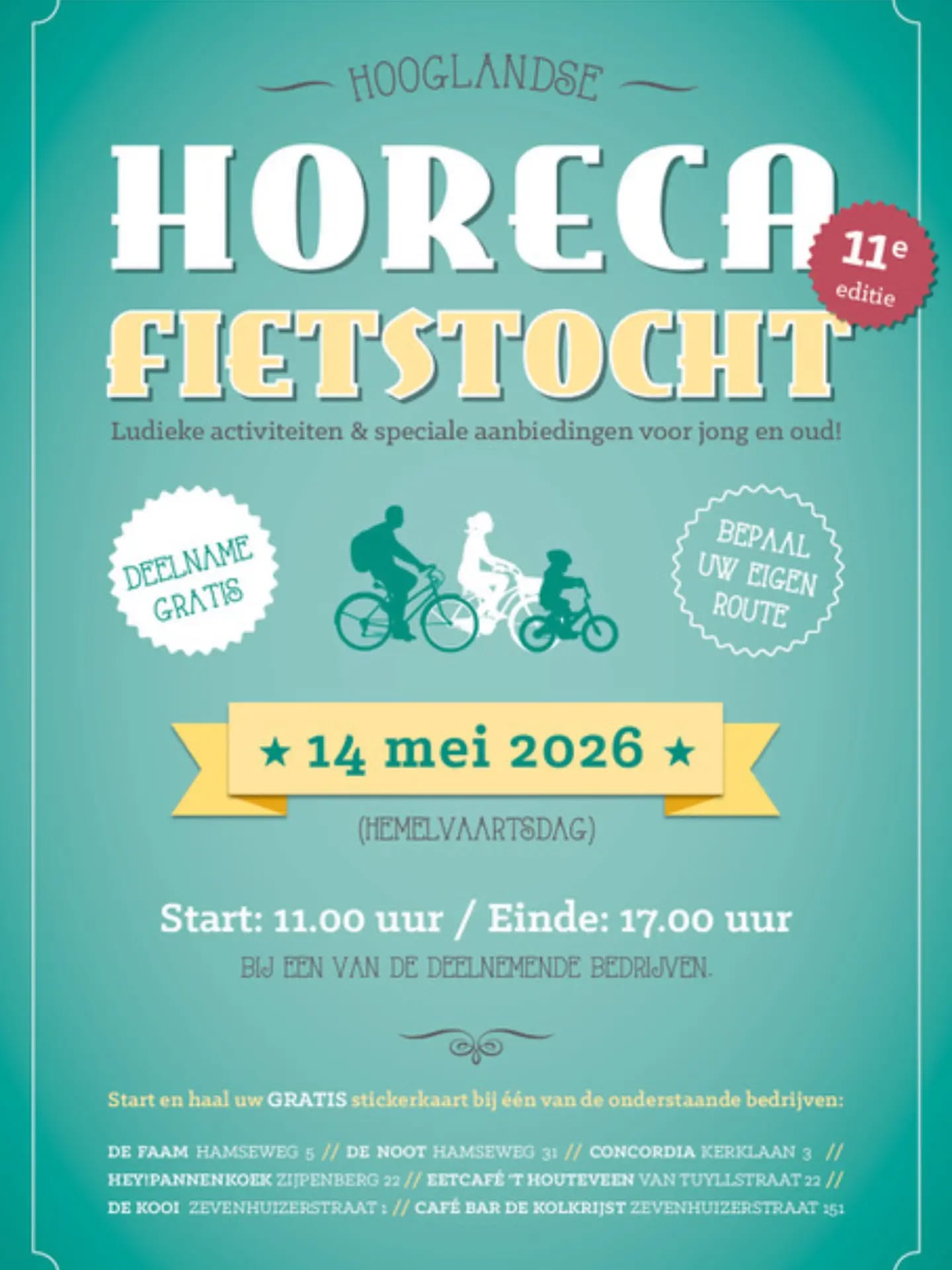 Morgen is het Hemelvaartsdag (14 mei 2026) en wordt voor de elfde keer de Hooglandse Horeca Fietstocht georganiseerd. Dit jaar zijn wij van de partij!🥳
Een gezellige familie-fietsdag voor jong en oud met gratis deelname! U kunt vanaf 11.00 uur bij ons starten (of bij één van de 6 andere horecabedrijven) en vervolgens bepaalt u zelf de route.
Dit jaar gaat de fietstocht ook door Vathorst, Hooglanderveen en richting Bunschoten-Spakenburg, want ook Eetcafé 't Houteveen, HEY!Pannenkoek en De Kooi doen mee.
Zij passen naadloos in de Hooglandse Horeca Fietstocht, vanwege het historische karakter of de Hooglandse connecties.
Ieder deelnemend bedrijf organiseert een leuke activiteit of heeft een leuke aanbieding.
De deelnemende horecabedrijven zijn:
1. De Noot, Hamseweg 31, Hoogland.
2. De Faam, Hamseweg 5, Hoogland
3. Concordia, Kerklaan 3, Hoogland
4. Café Bar De Kolkrijst, Zevenhuizerstraat 151 Hoogland
5. De Kooi, Zevenhuizerstraat 1, Bunschoten-Spakenburg
6. Eetcafé ’t Houteveen, Van Tuyllstraat 22, Hooglanderveen
7. HEY!Pannenkoek, Zijpenberg 22, Amersfoort-Vathorst
Doe mee! De start is vanaf 11.00 uur, het eindpunt moet om uiterlijk 17.00 uur bereikt zijn. We zien u graag op Hemelvaartsdag, donderdag 14 mei aanstaande, tot morgen! 🚴♂️🚴♀️🚴