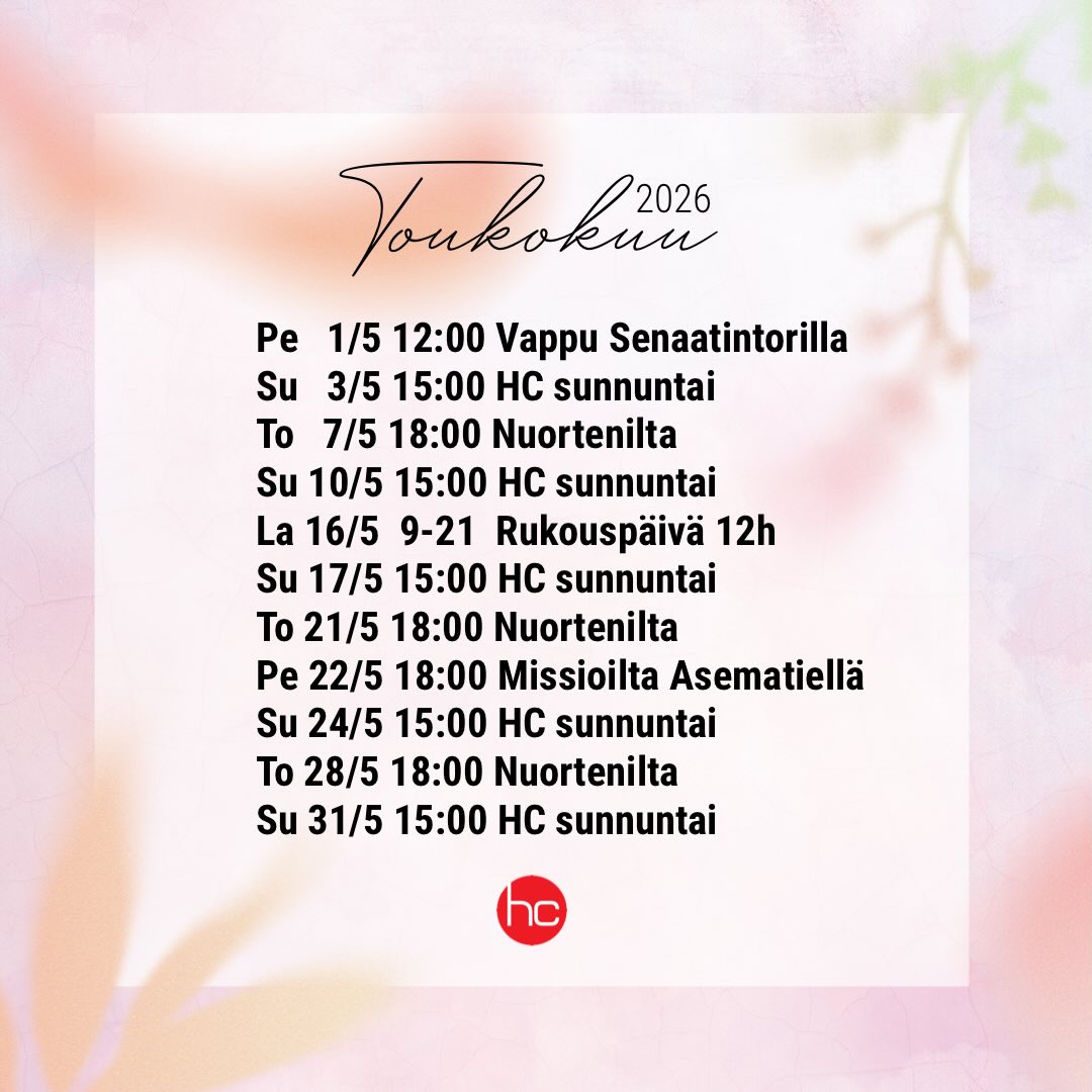 Toukokuu | May
Lapsille on omaa ohjelmaa (Kuninkaallinen koulutus) sunnuntaisin saarnan aikana. Alle 4-vuotiaat voivat osallistua huoltajan kanssa.
Nuorten oma IG: @harvestingyouth