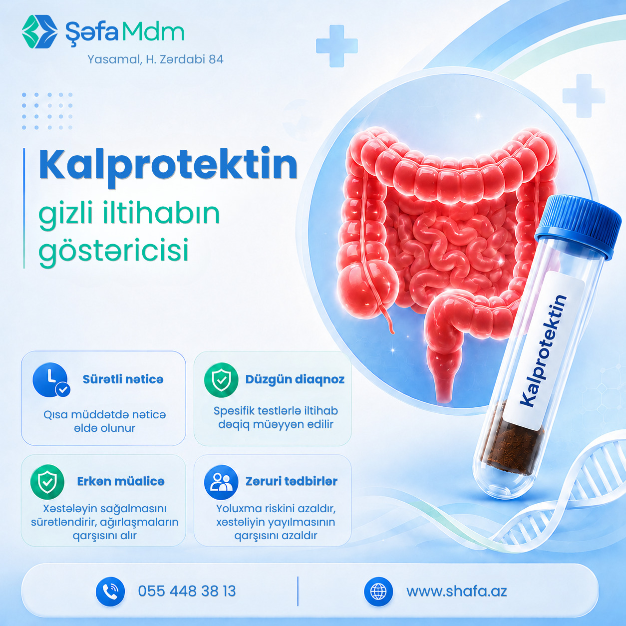 Kalprotektin analizi bağırsaqlarda gizli iltihabi proseslərin aşkarlanmasında vacib göstəricilərdən biridir.
✔️ Gizli iltihabın erkən müəyyən olunmasına kömək edir
✔️ Dəqiq diaqnoz və düzgün müalicə planı üçün önəmlidir
✔️ Qısa müddətdə nəticə əldə olunur
✔️ Bağırsaq sağlamlığınızı nəzarətdə saxlamağa kömək edir
📍 Yasamal, H. Zərdabi 84
📞 055 448 38 13
🌐 www.shafa.az
#kalprotektin #bagirsaq #iltihab #analiz #saglamliq #laboratoriya #medical #shafamdm