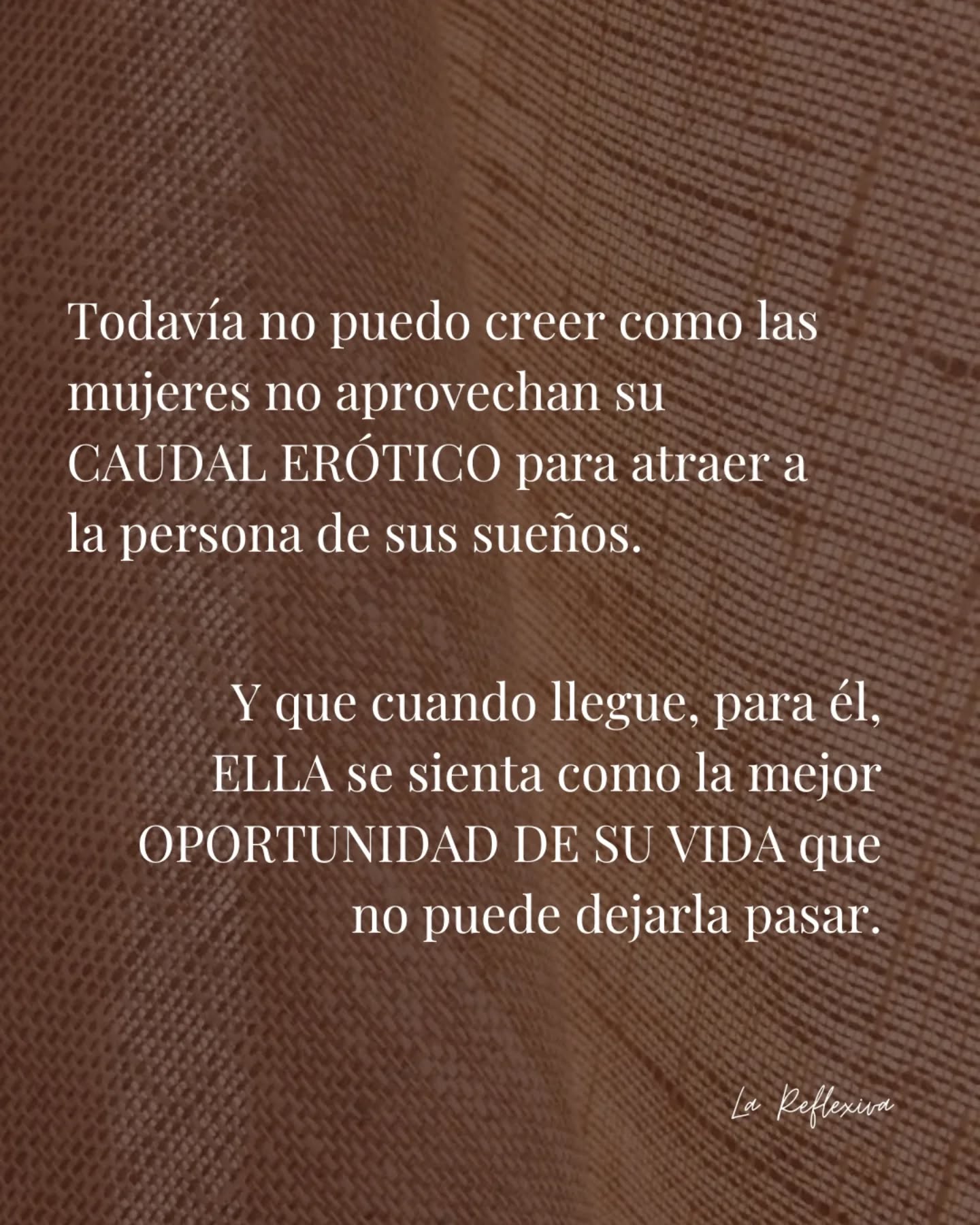 Sos tan poderosa en tantas cosas... pero en el amor algo falta encajar.
Es que has aprendido a querer gustar, agradar, aceptar lo que viene como si fuera lo mejor por más mínimo que sea, y en realidad...... sabes que dentro tuyo vive alguien que merece mucho más que conformarse porque "es lo que hay".
Eso te mantiene recibiendo al mínimo. Pero vamos por más, hay que activar ese fuego real, poderoso e intenso que está en vos para arder y multiplicarse.
Reconocer el magnetismo que habita en tu piel, en tu mundo.
Pronto voy a estar abriendo un espacio donde este trabajo será abordado para que lo integres con facilidad en cada día, y te reconozcas la mujer que recibe las miradas, la atención y el cuidado que desea, y abrirte a recibir el amor sostenido y real en tu vida.
La Fuente se está abriendo.
Comenta fuente para ser la primera en enterarte.