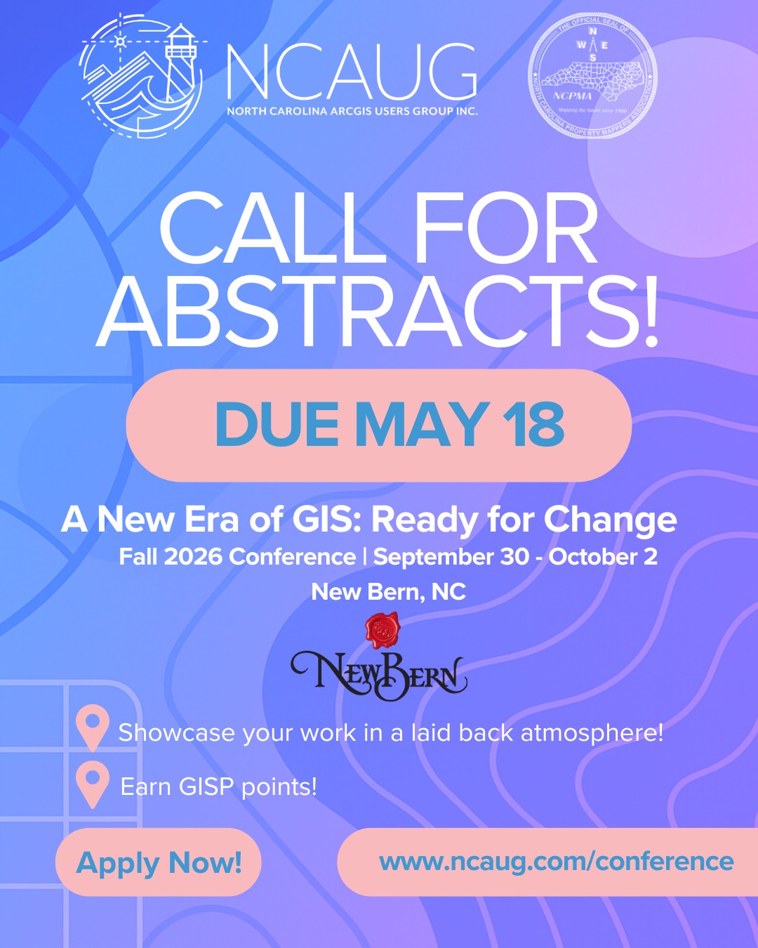 Final reminder, the deadline is coming up quickly! There is still time to submit a presentation abstract for the 2026 NCAUG/NCPMA Fall Conference in New Bern.
Presenting is a great way to share your work, connect with others in the geospatial community, and earn GISP contribution points. We welcome a wide range of GIS topics, including parcel and property mapping, data management, analysis, field applications, web mapping, AI, cartography, transportation, planning, emergency response, and more.
A special thank you to Visit New Bern for partnering with us in support of this year’s conference. We look forward to see you all in New Bern and learning more your work!
🗓️ Conference Dates: September 30 to October 2
👩🏫 Abstract Submission Deadline: May 18
🔗 Submit your proposal: www.ncaug.com/conference