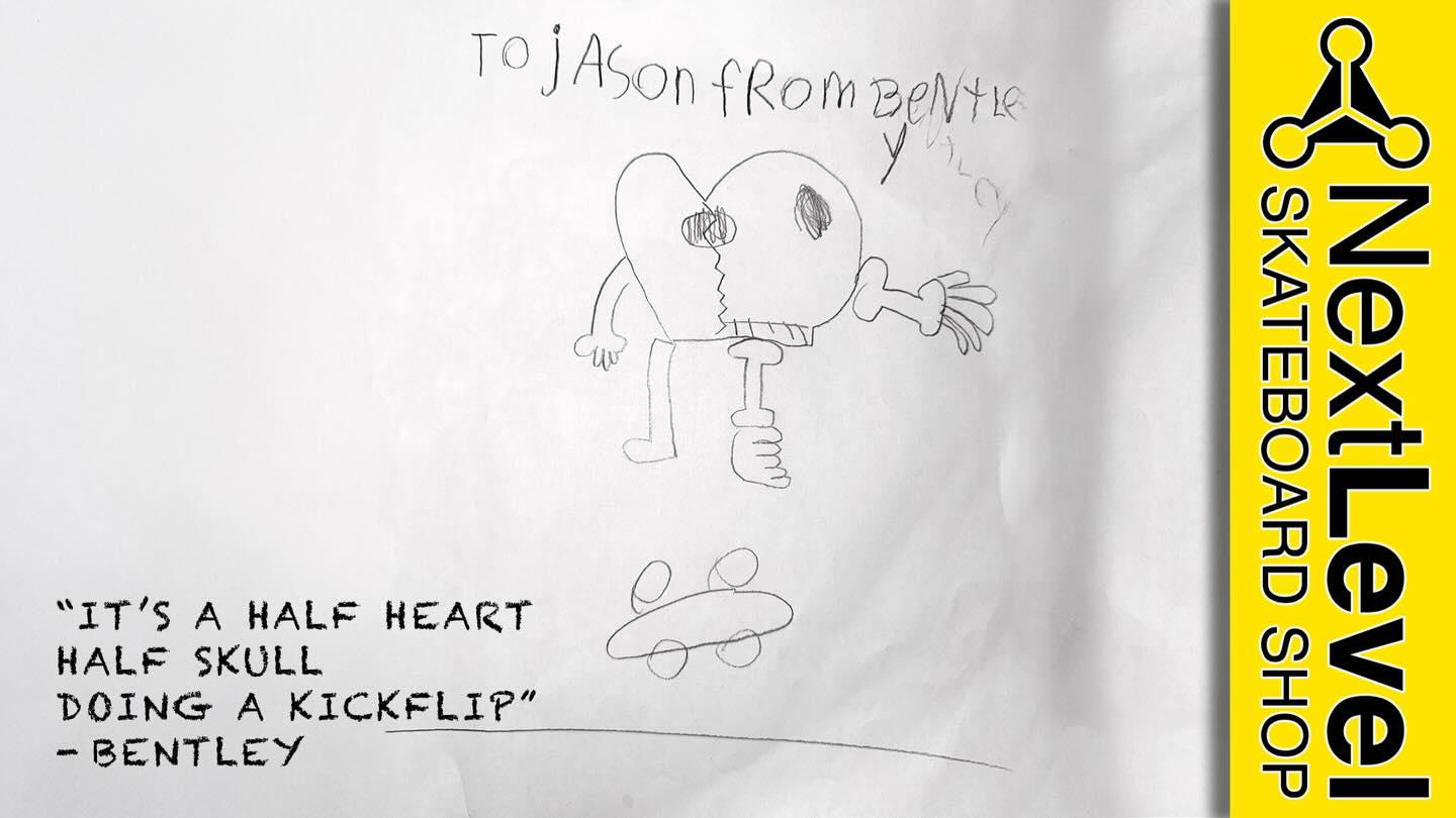 Bentley has been skateboarding since he was just 4 years old — and in only three years his progression has been great. 🔥
But what makes Bentley stand out isn’t just his skating… it’s his creativity.
He brought this drawing into the shop and said:
“It’s a half heart, half skull doing a kickflip!” – Bentley
That right there is skateboarding.
Heart.
Edge.
Style.
Imagination.
Keep pushing, keep creating, and keep working on that Ollie, Bentley. 🛹💀❤️
@nextlevel_skateboards