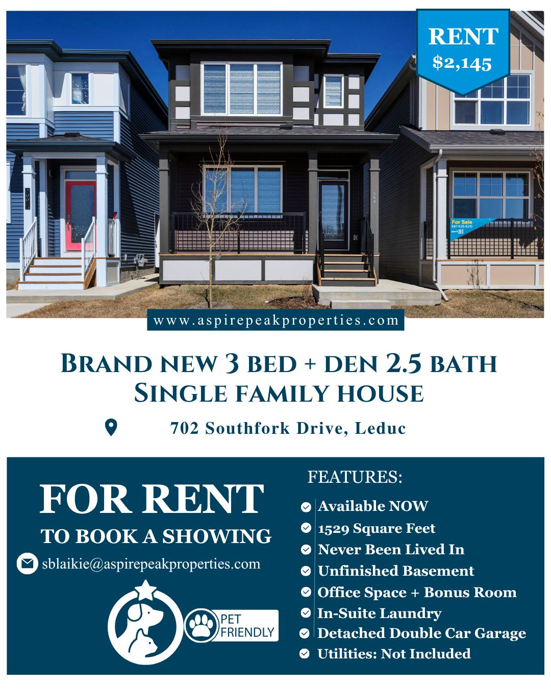 Brand new family home in Leduc—move in TODAY! 🎉
This stunning 3-bed + den, 2.5-bath house has NEVER been lived in and is packed with everything your family needs. Modern kitchen, dedicated den on the main floor for your home office, PLUS a spacious bonus room upstairs perfect for family movie nights or a playroom. And that unfinished basement? Extra storage space you'll actually use! 🏡
✅ 1,529 sq ft of brand new space
✅ Modern kitchen with island & stainless steel appliances
✅ Den on main floor (perfect home office!)
✅ Large bonus room upstairs (family movie nights, playroom, you name it!)
✅ Unfinished basement (hello, storage!)
✅ In-suite laundry
✅ Detached double car garage
✅ Pet friendly 🐾
Available NOW
$2,145/month | Utilities not included
Ready to make this your family's new home? 📧 sblaikie@aspirepeakproperties.com
#Leduc #FamilyHome #NewConstruction #PetFriendly #HomeSweetHome #AspirePeakProperties