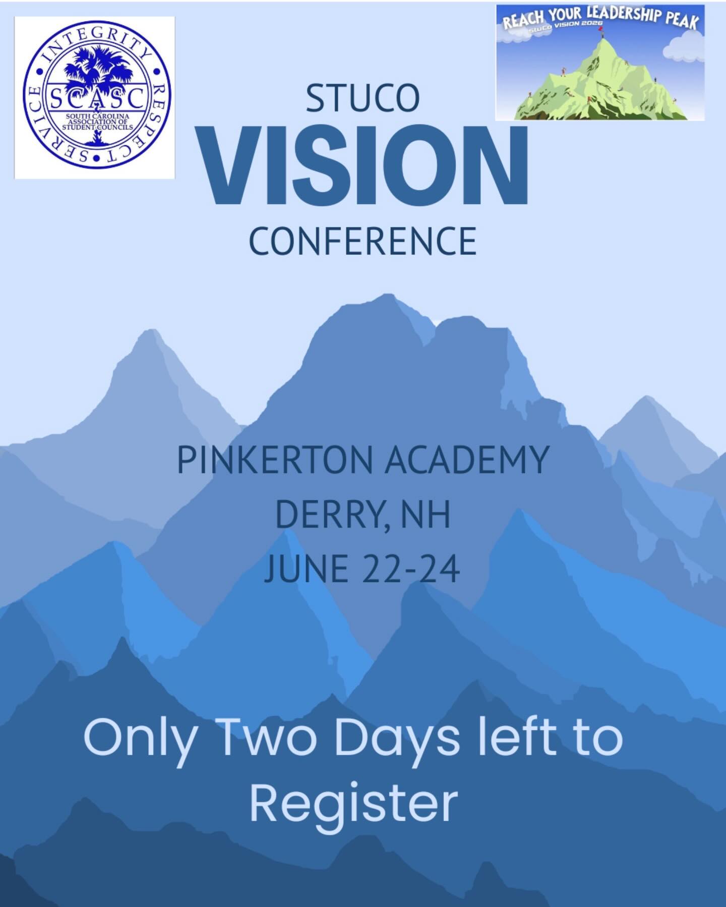 The deadline to register to attend the VISION Conference is this Friday, TWO DAYS! Go to our website to complete the form. Information is there on the form but if you have questions email Mr. Mize at scasc.mize@gmail.com.