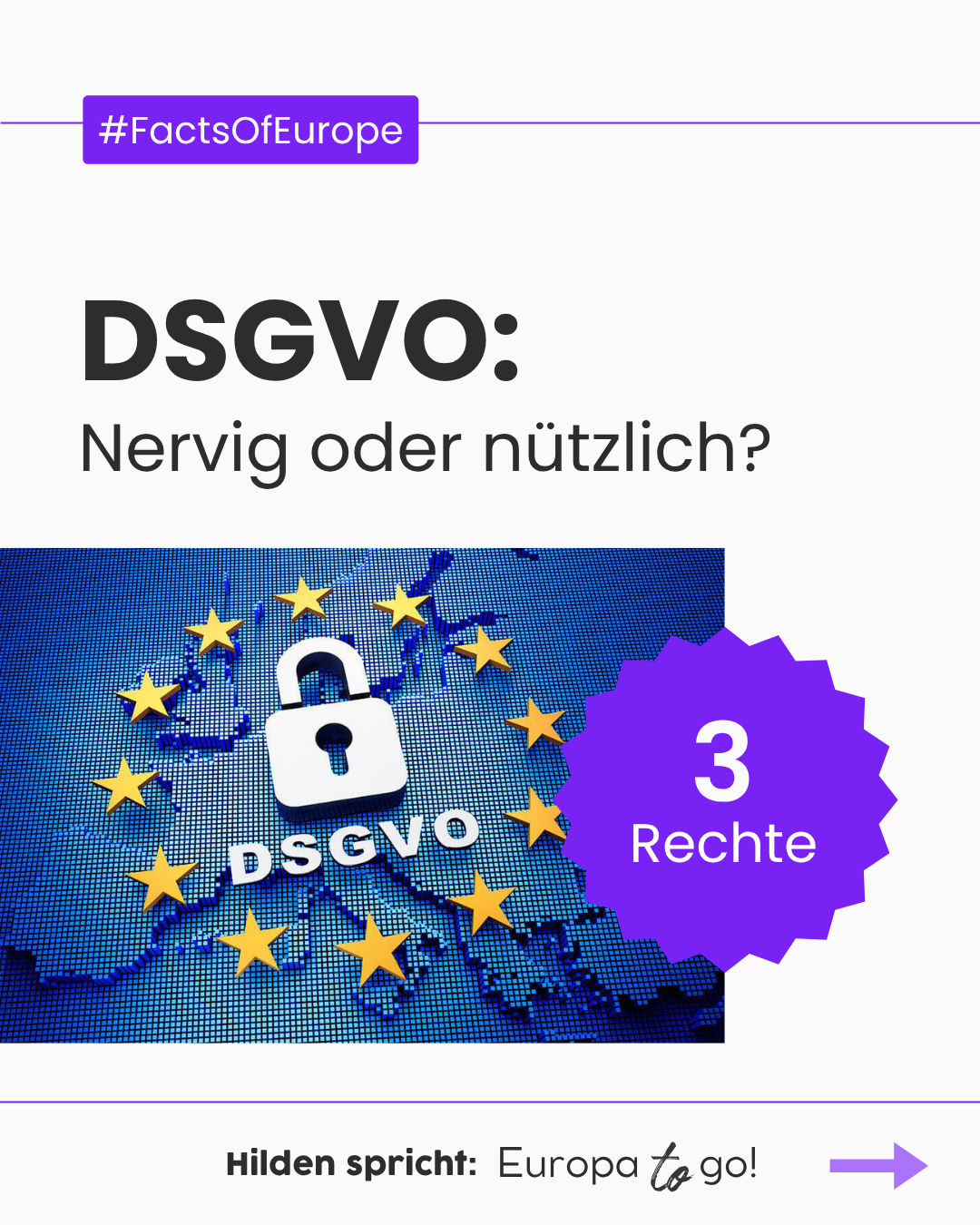 DSGVO klingt trocken, ist aber ziemlich praktisch! 🇪🇺
Du hast u.a. das Recht auf…
Auskunft: Was ist über mich gespeichert?
Löschung: Weg damit (wenn Voraussetzungen erfüllt sind)
Widerspruch: besonders easy bei Direktwerbung
👉 Hast du schon mal Auskunft angefragt? Oder würdest du’s tun?
“Hilden spricht: Europa to go“ wird von der Landesinitiative Europa-Schecks des Ministers für Bundes- und Europaangelegenheiten, Internationales sowie Medien und Chef der Staatskanzlei des Landes Nordrhein-Westfalen unterstützt. Im Auftrag der Europaunion Haan und in Kooperation mit der VHS Hilden-Haan.
#Hilden #HildenSpricht #Europa #DSGVO #Datenschutz #DigitaleRechte #EuropaToGo