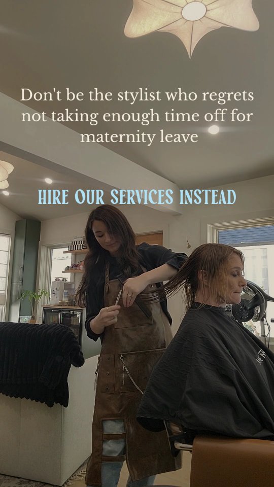 Let's face it, it's scary to think about planning for a maternity leave when you have built a booked and busy business.
So what happens instead is that stylists take the minimum amount of time and continue to play receptionist during their entire leave.
Almost every time I hear stylists who did this very thing say how much they regretted it. They just didn't know there was another choice.
Hiring our services allows you to take as much time as you would like off because we come to your space, care for your clientele, and cover your rent. Think of it like hiring a sub for your business that follows your guidance for your clients.
This allows everything to continue to flow in your business as if there were no interruptions. We want to support you and give you the time to savor every little moment on your leave.
We got your business covered😉