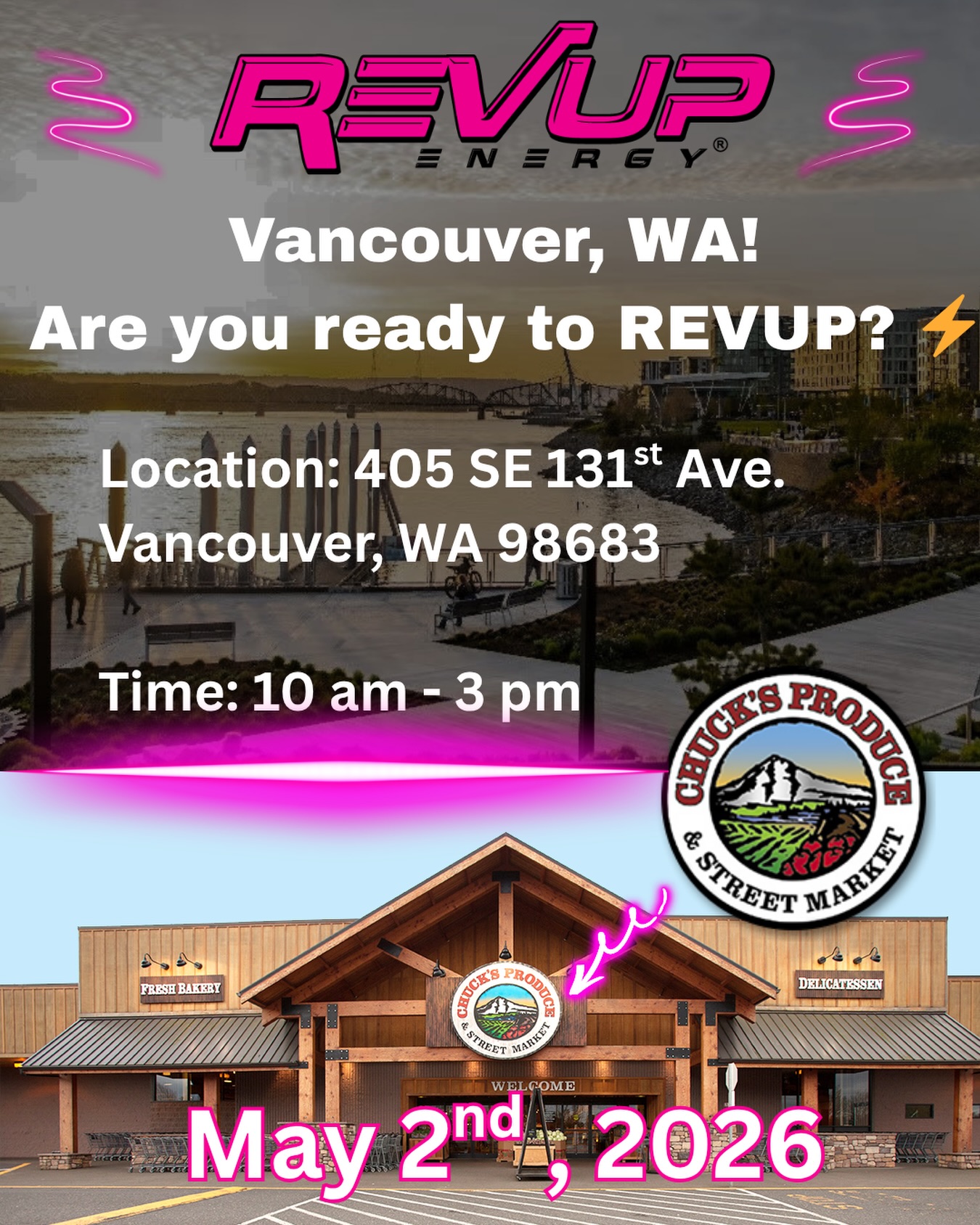 Vancouver, are you ready to REVUP? ⚡️
We’re heading to Chuck’s Produce & Street Market (Mill Plain) this Saturday, May 2nd! If you’ve been looking for an energy boost that actually uses natural caffeine and electrolytes without the junk, come say hi.
📍 405 SE 131st Ave, Vancouver, WA
🕙 10am – 3pm
Stop by our booth, grab a cold can, and let’s talk about why natural energy just hits different. See you there! 🏔️✨
#REVUPenergy #ChucksProduce #VancouverWA #PNWLife #CleanEnergy NaturalCaffeine