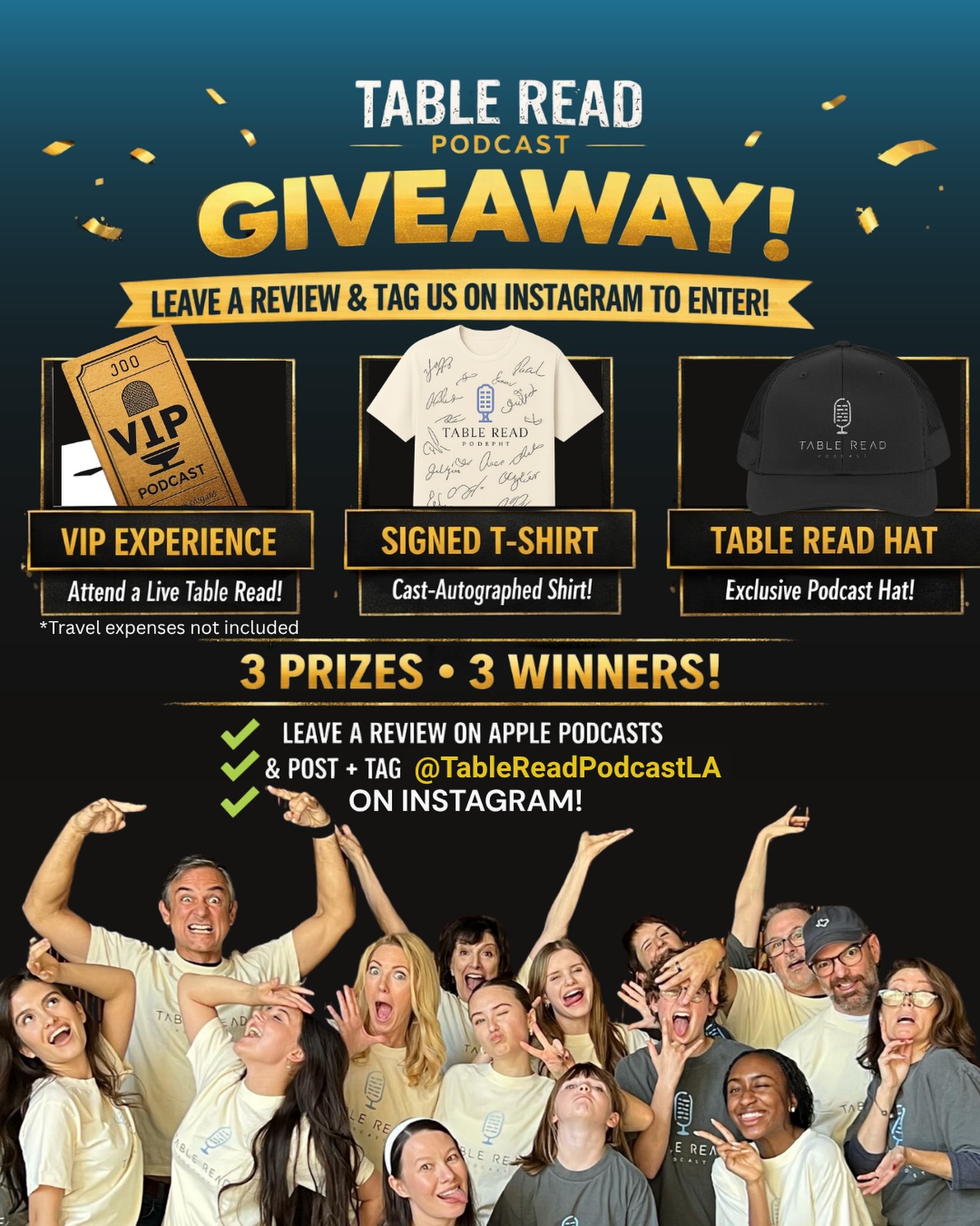 Quick ask. Big impact:
If you love Table Read—write a review on Apple Podcasts.
Not stars. Words.
We’re picking 3 reviewers to win one of these prizes:
🎟 Live recording BTS access! - watch a live recording & have lunch with the cast! (travel expenses not covered)
👕 Table Read tee signed by one of our 2026 casts!
🧢 Table Read logo hat!
1️⃣Leave a Review for us on Apple Podcasts
2️⃣Post this image OR your podcast review!
3️⃣Tag @TableReadPodcastLA
Let’s get more people to the Table!
#Giveaway #podcastgiveaway #freemerch #tableread #fictionpodcast