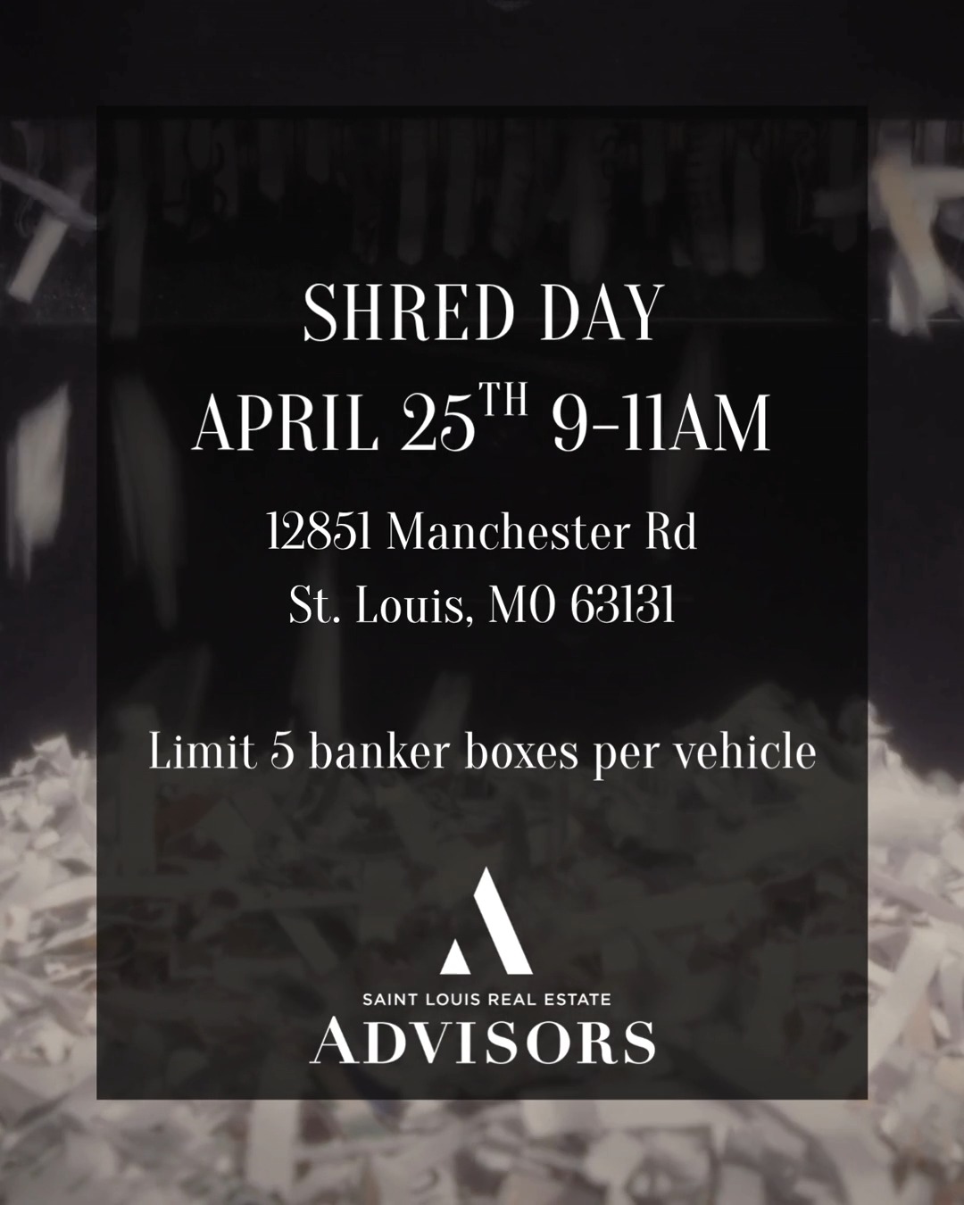 A quick reminder: BHHS Select Properties' Free Shred Day is this Saturday.
If you’ve been meaning to clear out old files or sensitive documents, this is the perfect opportunity to do it safely and efficiently. Stop by, stay organized, and check one more thing off your spring to-do list.
📅 April 25th
⏰ 9:00–11:00 AM
📍 12851 Manchester Rd. St. Louis, MO 63131
*Limit 5 banker boxes per vehicle
We hope to see you there!
@bhhsselectwest
#stlouisrealestateadvisors #SpringCleaning #ShredDay #stlouis