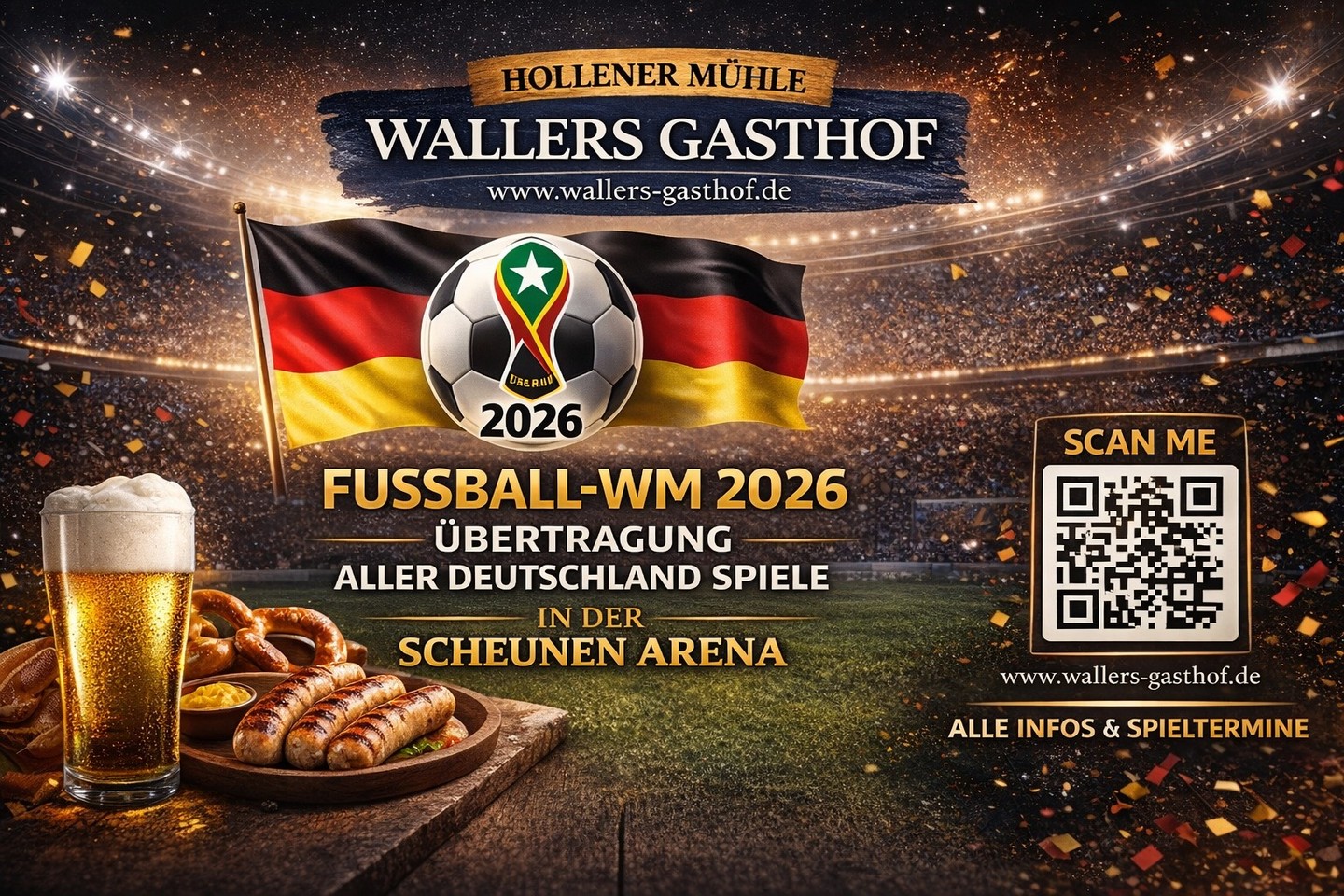 Die Scheunen Arena ruft. Bei Wallers Gasthof zeigen wir jedes Spiel der deutschen Nationalmannschaft während der WM 2026. Werde zum Taktikfuchs und beweise dein Gespür für das Spiel, während wir gemeinsam an der Hollener Mühle mitfiebern. Lass uns die Scheune zum Beben bringen und unsere Elf zum Weltmeistertitel schreien. Dein Platz in der ersten Reihe wartet schon auf dich. 🇩🇪⚽✨ Link in bio #wallersgasthof #wm2026 #deutschland #fussballweltmeisterschaft #scheunenarena #hollenermühle #wmparty #fussballleidenschaft #deutschlandspiele #trainerwissen⚽⚽⚽