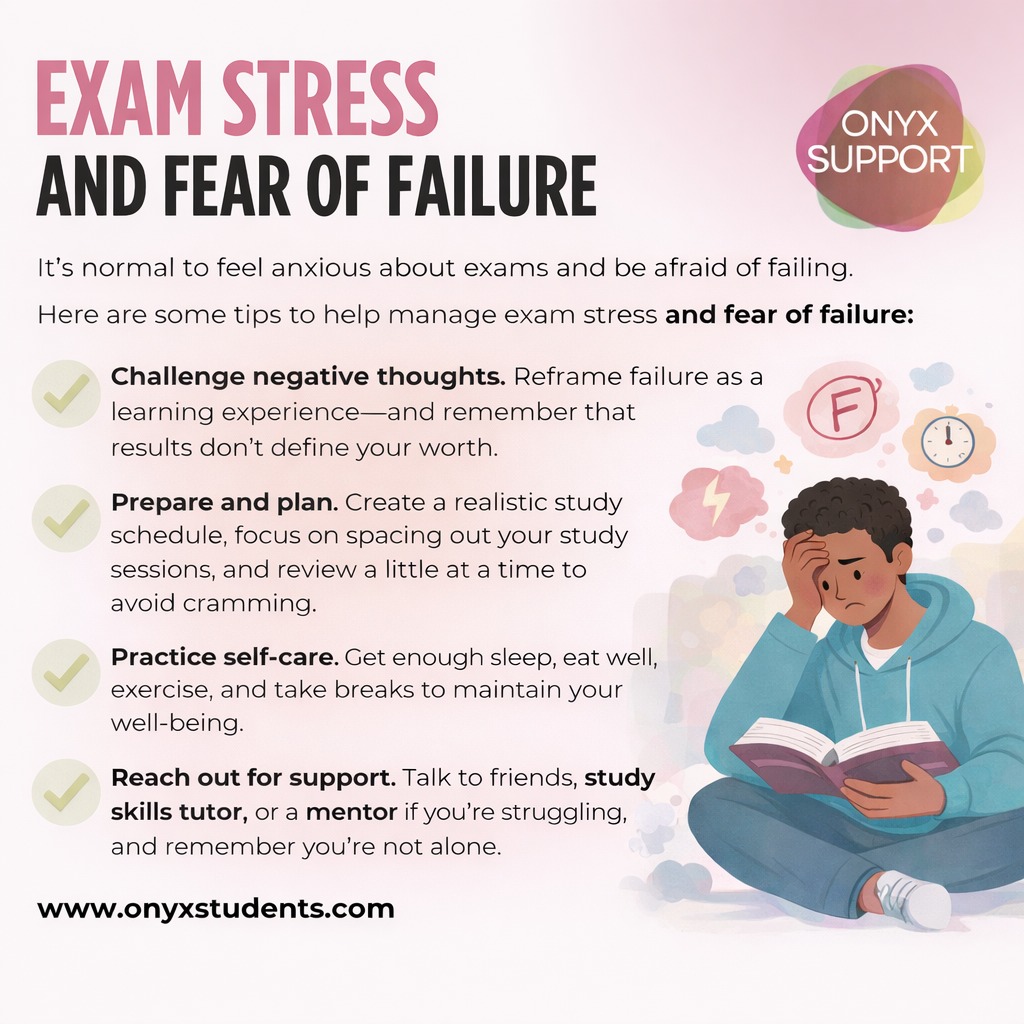 DSA study skills tutors and mentors can help you turn overwhelm into a plan, build study strategies that actually work for you, and boost confidence for exams. 💛
From revision techniques to time management and accountability, you don’t have to figure it out alone.
www.onyxstudents.com
#DSA #DisabledStudentsAllowance #Student #Support #UniLife #OnyxSupport #Exams #Study #StudyTips #Fear #NegativeThoughts #Degree #MentalHealth