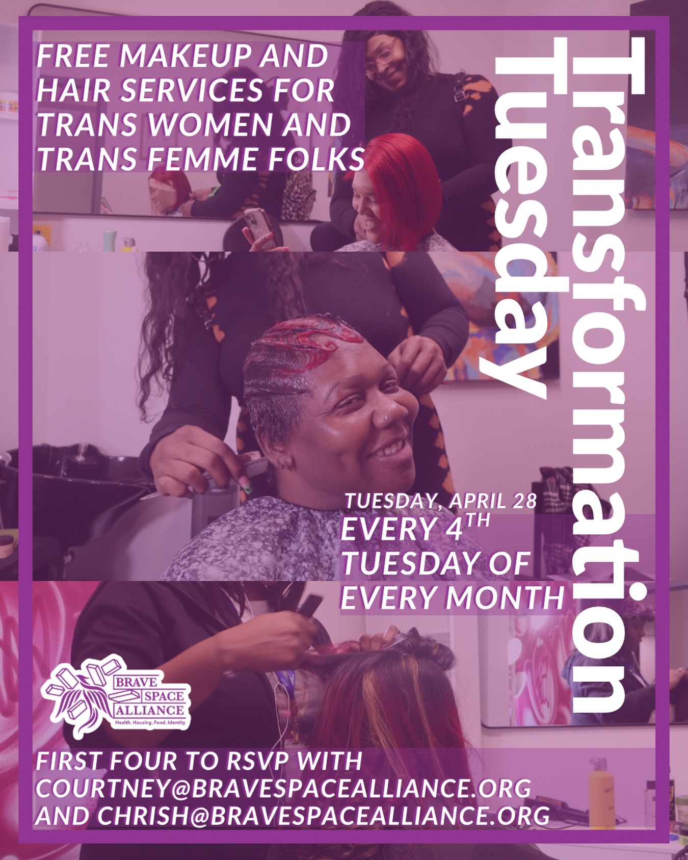 Transformation Tuesday returns next week! Trans women and trans femme family, RSVP for your dignified, affirming hair and makeup session to save your spot 💄💋🏳️⚧️
Email ChrisH@bravespacealliance.org and Courtney@bravespacealliance.org to RSVP — four sessions are available 💜
📅 Tuesday, April 28, 11 am -3pm
📍 Brave Space Alliance, 1515 E 52nd Pl, 3rd Floor
#transresources #transwomen #protecttranswomen #transformationtuesday mer