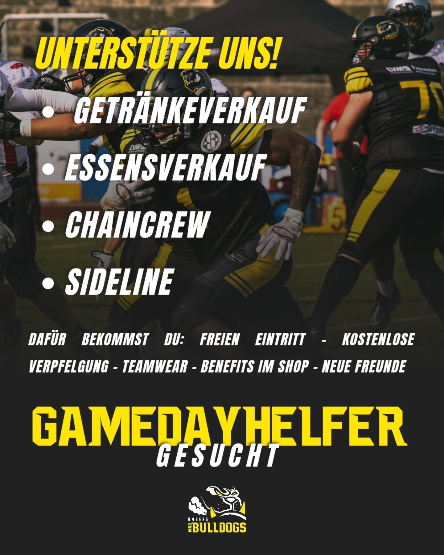 🏈 UNTERSTÜTZE DEIN TEAM: WERDE GAMEDAY-HELFER!
Bock auf Football, aber nicht auf dem Rasen? Kein Problem! Wir suchen genau DICH, um unsere Gamedays in Amberg legendär zu machen. 🏟️🔥
Ein Gameday bei den Bulldogs ist etwas ganz besonderes, funktioniert daher nur, wenn alle Rädchen ineinandergreifen. Ob du die Chaincrew anführst, dafür sorgst, dass niemand verdurstet, oder direkt an der Sideline den Überblick behältst – du bist der MVP hinter den Kulissen! 🏆
Was für dich drin ist?
Freier Eintritt zu allen Homegames 🎟️
Kostenlose Verpflegung (wir wissen, was Football-Fans hungrig macht!) 🍔
Offizielle Teamwear & Shop-Benefits 👕
Und das Wichtigste: Eine verrückte, loyale Crew, die dich mit offenen Armen empfängt.
Egal ob Taktik-Genie oder absoluter Neuling – wir bringen dir alles bei, was du wissen musst. Werde Teil der #BulldogsFamily!
Schreib uns einfach eine DM oder kommentiere mit einem „🏈“, und wir melden uns bei dir mit allen Infos! Welchen Posten würdest du am liebsten übernehmen?
#MadBulldogs #AmbergFootball #BulldogsFamily #GamedayReady