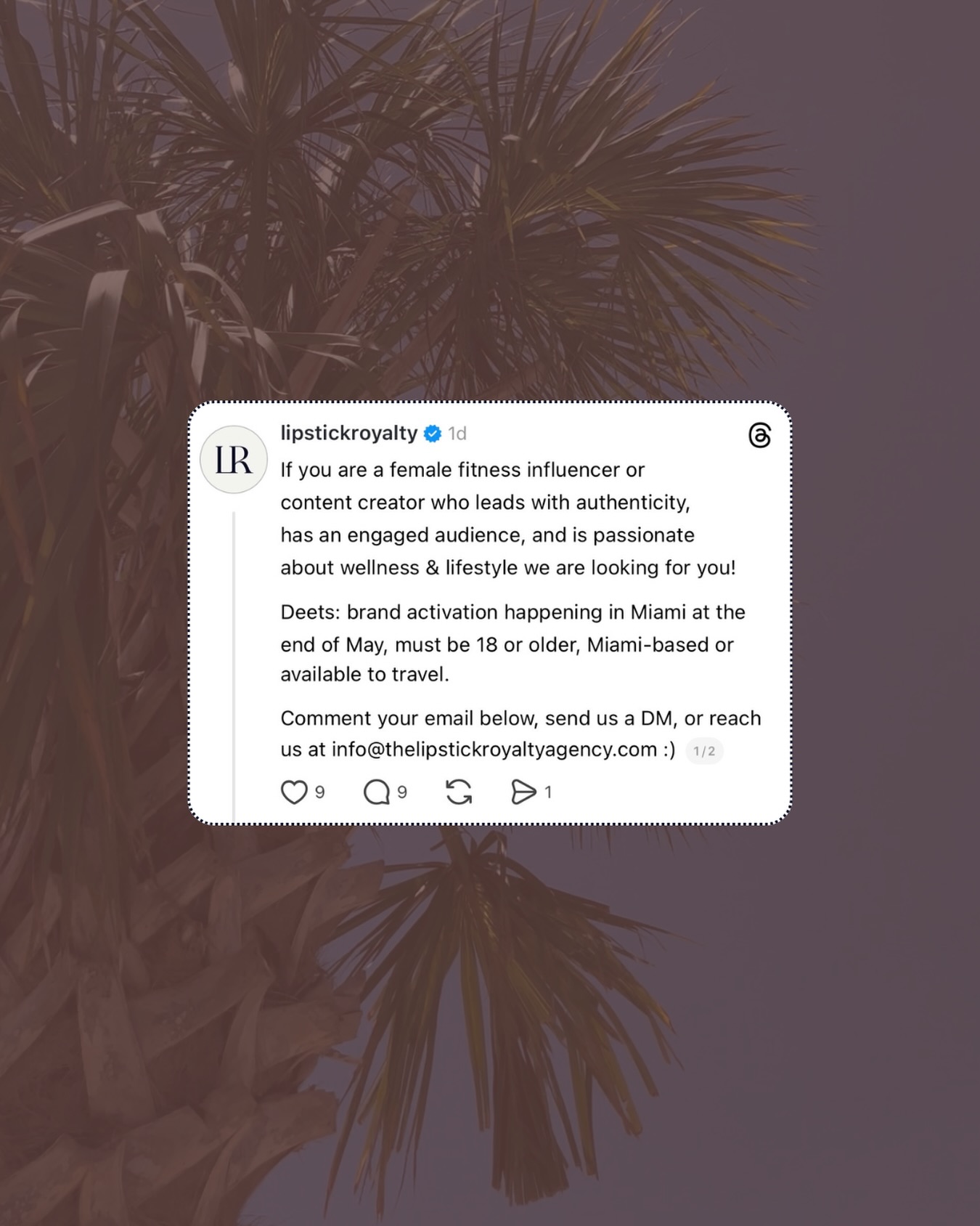 If you saw our Threads post … yes, we are serious.
And yes, spots are already going.
We are looking for female fitness influencers and content creators for an exclusive brand activation in Miami at the end of May.
If that is you or someone you know, send this to them.
Must be 18 or older.
Miami-based or available to travel.
Authentic audience.
Real engagement.
Ready for a great workout & will bring the energy.
That is all we ask.
DM us, comment below, or email
info@thelipstickroyaltyagency.com
Details are good.
Spots are limited.
#lipstickroyalty #miamievents #gym #fitnessinfluencer