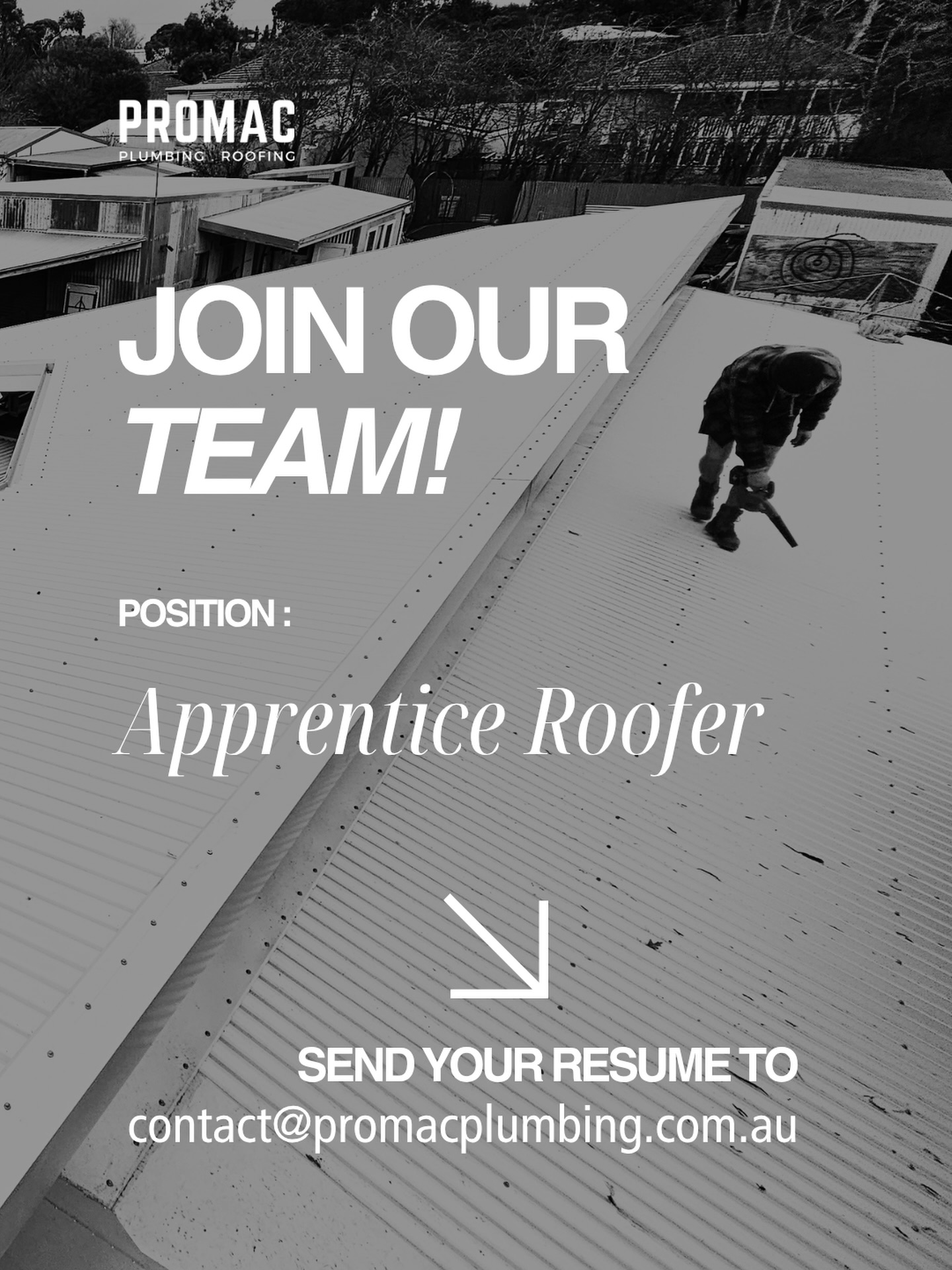 APPRENTICE ROOFER WANTED
Looking to start a career in metal roofing & cladding?
We’re after a motivated apprentice to join our team working on high-end residential and commercial projects across Victoria.
What you’ll be doing:
▪️ New Colorbond roofs and Wall Cladding
▪️ Re-roofs & upgrades
▪️ Flashings, Fascia, Gutters and Downpipes
▪️ Working with experienced tradesmen on quality builds
What we’re looking for:
▪️ Reliable with a strong work ethic
▪️ Keen to learn and take direction
▪️ Not afraid of heights or hard work
▪️ White Card (or willing to get one)
This is an opportunity to learn the trade properly and be part of a team that takes pride in quality work.
📍 Based in Woodend (Bendigo / Hepburn Shire and Macedon Ranges work)
📩 DM us or email contact@promacplumbing.com.au